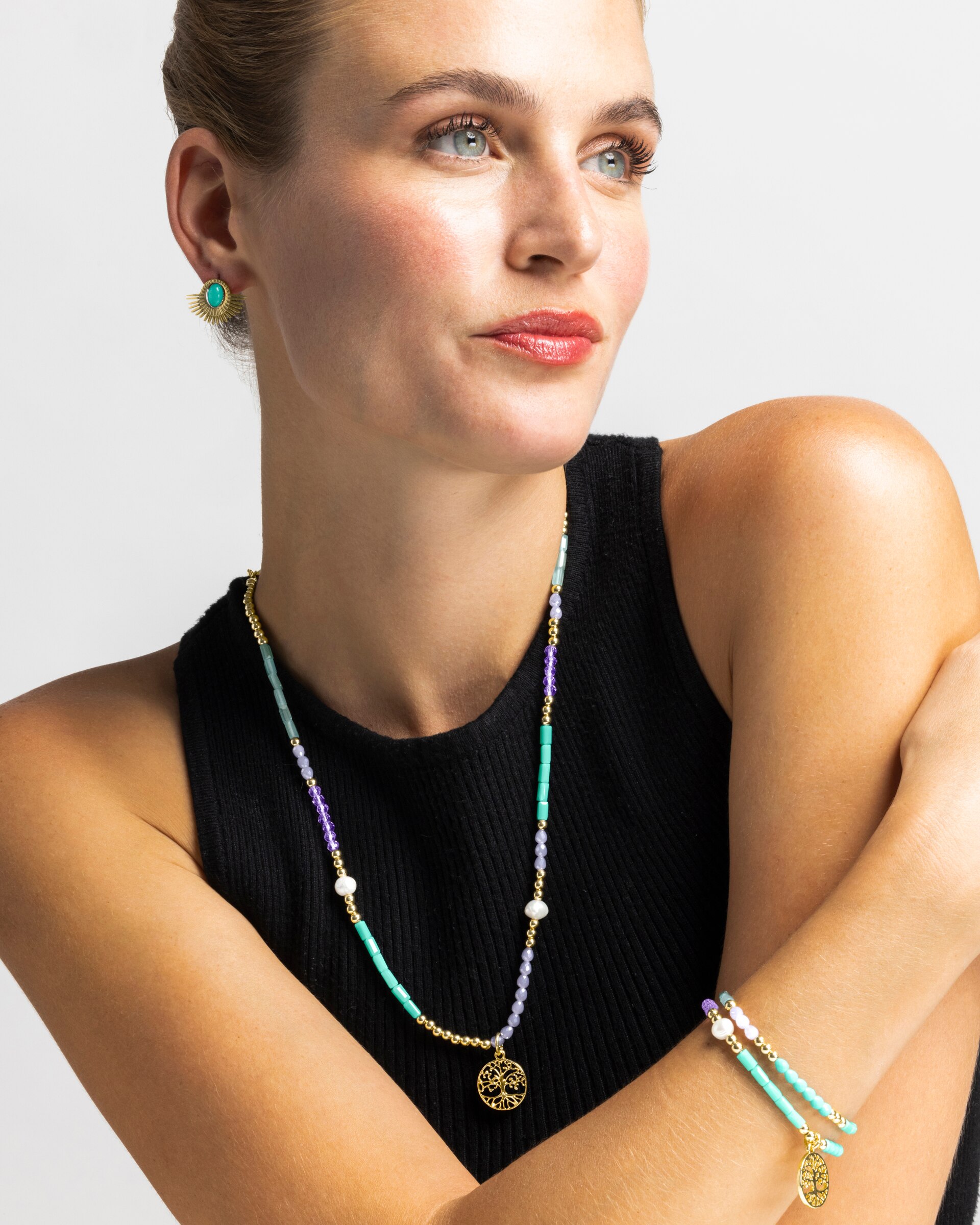 Colar Boho com Acabamento em Ouro Amarelo de 18 Quilates com Cristal Azul Ouro-4