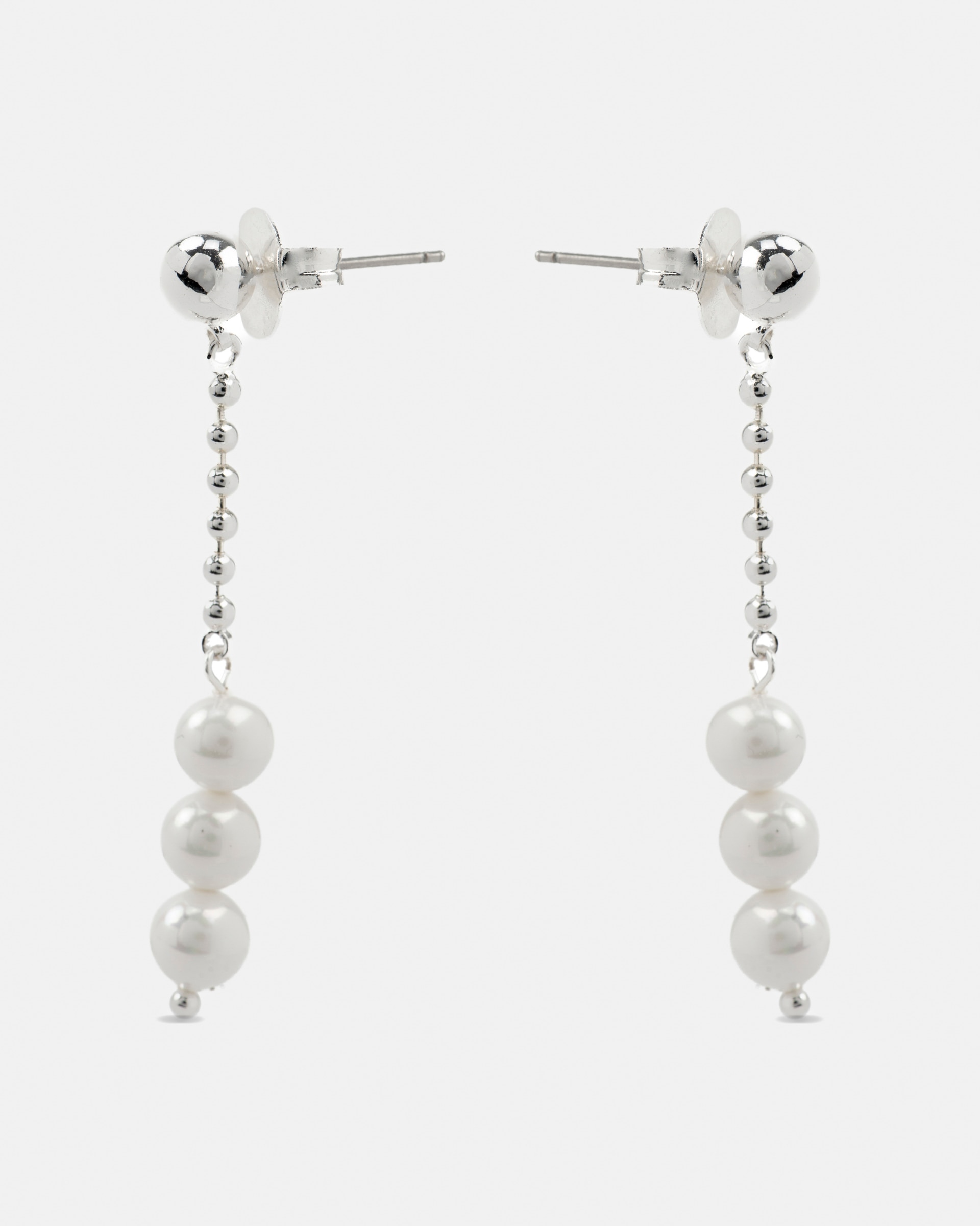 Brincos Compridos Basic com Acabamento em Ródio e Pérola Branca Prata-3