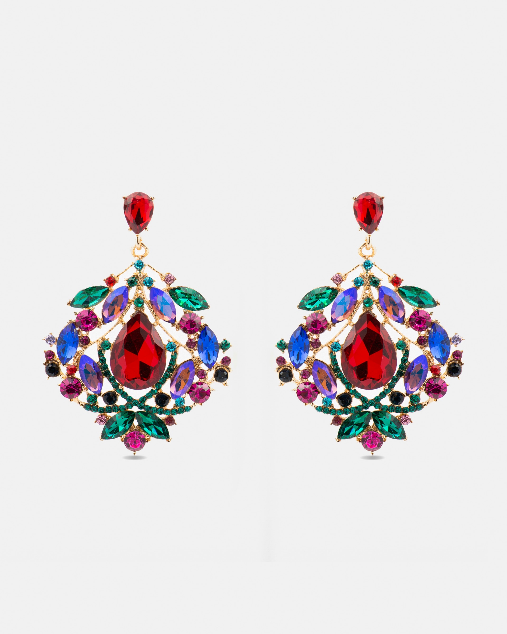 Brincos África Acabados em Ouro Amarelo de 18 Quilates com Cristal Multicolor Vermelho-1