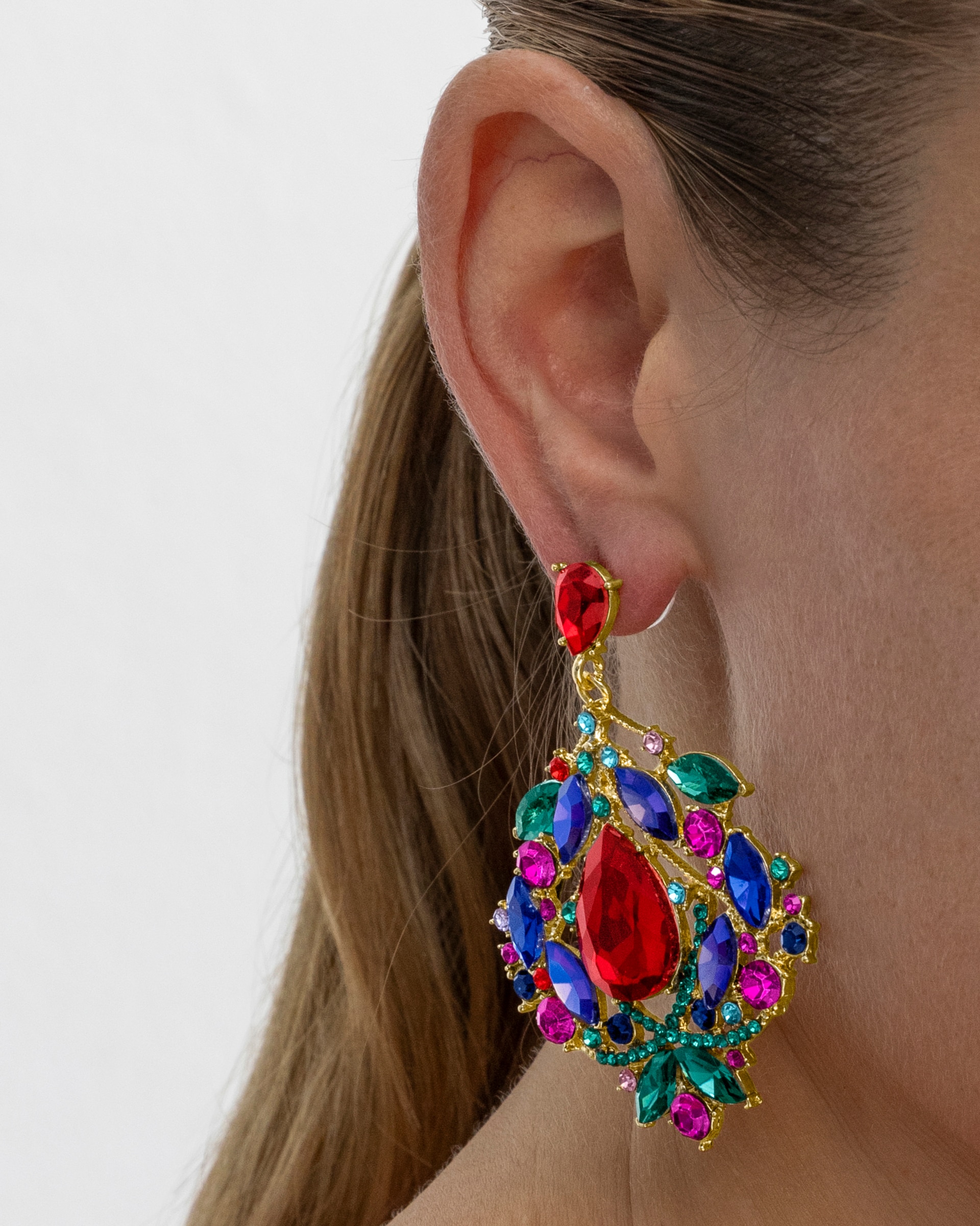 Brincos África Acabados em Ouro Amarelo de 18 Quilates com Cristal Multicolor Vermelho-3