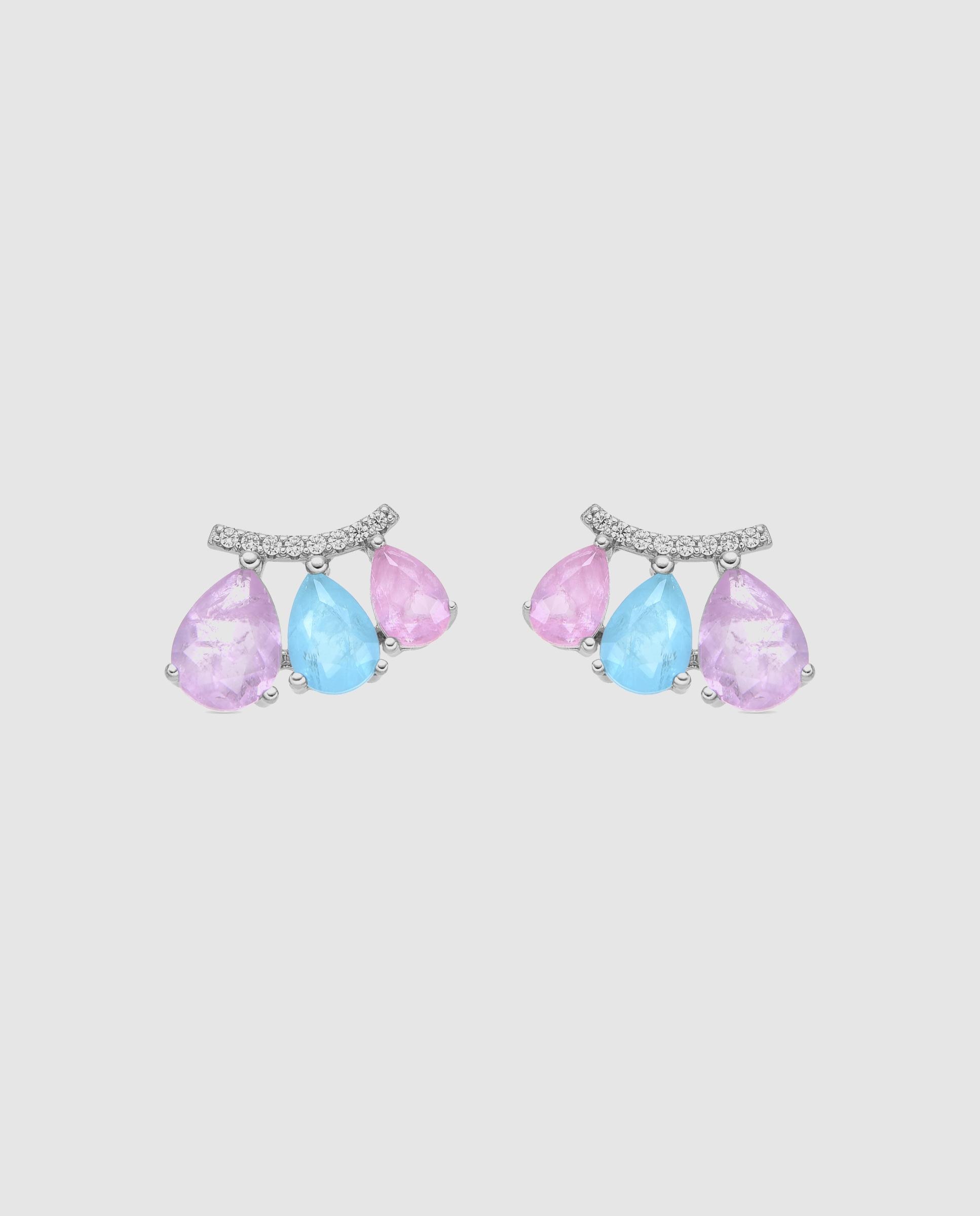 Brincos Atelier de Prata de Lei 925 com Acabamentos em Ródio e Quartzo Hidrotermal Multicolor Prata / Rosa-1