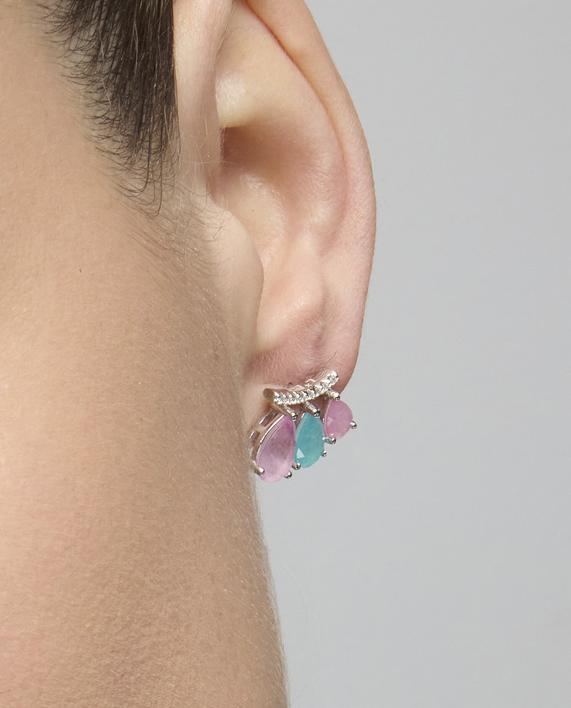 Brincos Atelier de Prata de Lei 925 com Acabamentos em Ródio e Quartzo Hidrotermal Multicolor Prata / Rosa-4