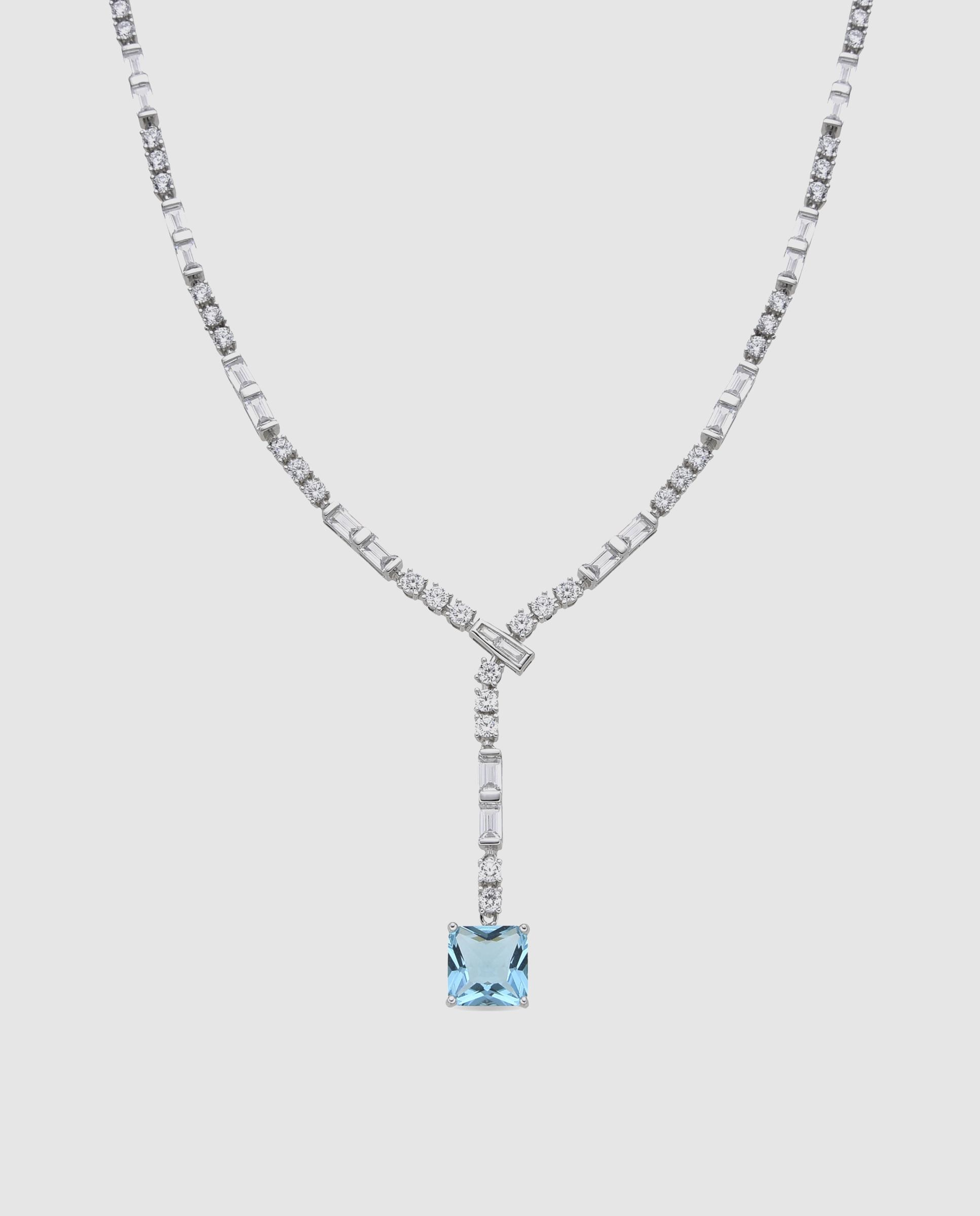 Colar Atelier de Prata de Lei 925 com Acabamento em Ródio e Zirconita Água-marinha Prata-1