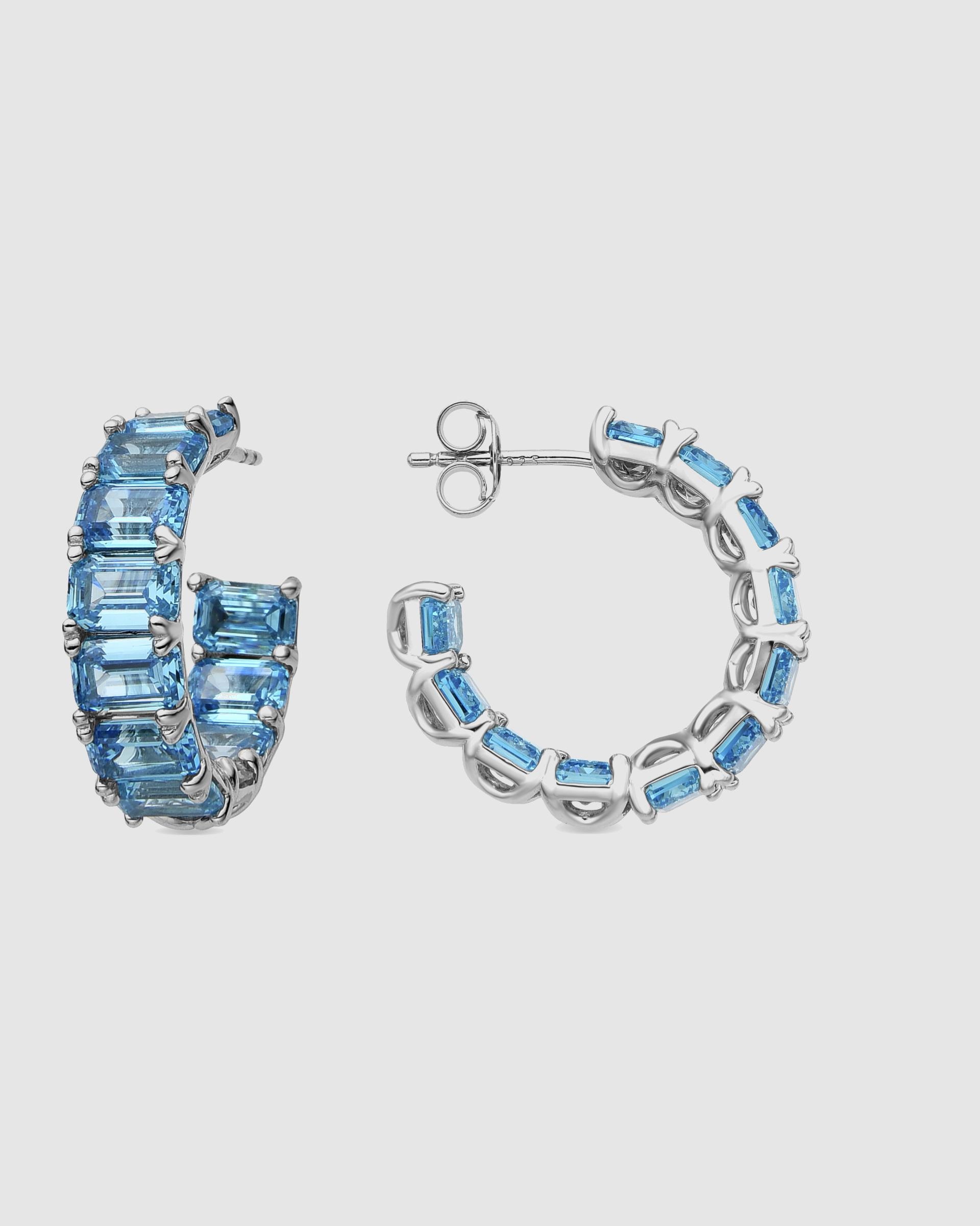Brincos de Argola Atelier de Prata de Lei 925 com Acabamento em Ródio e Zirconita Topázio Azul Azul-celeste-1