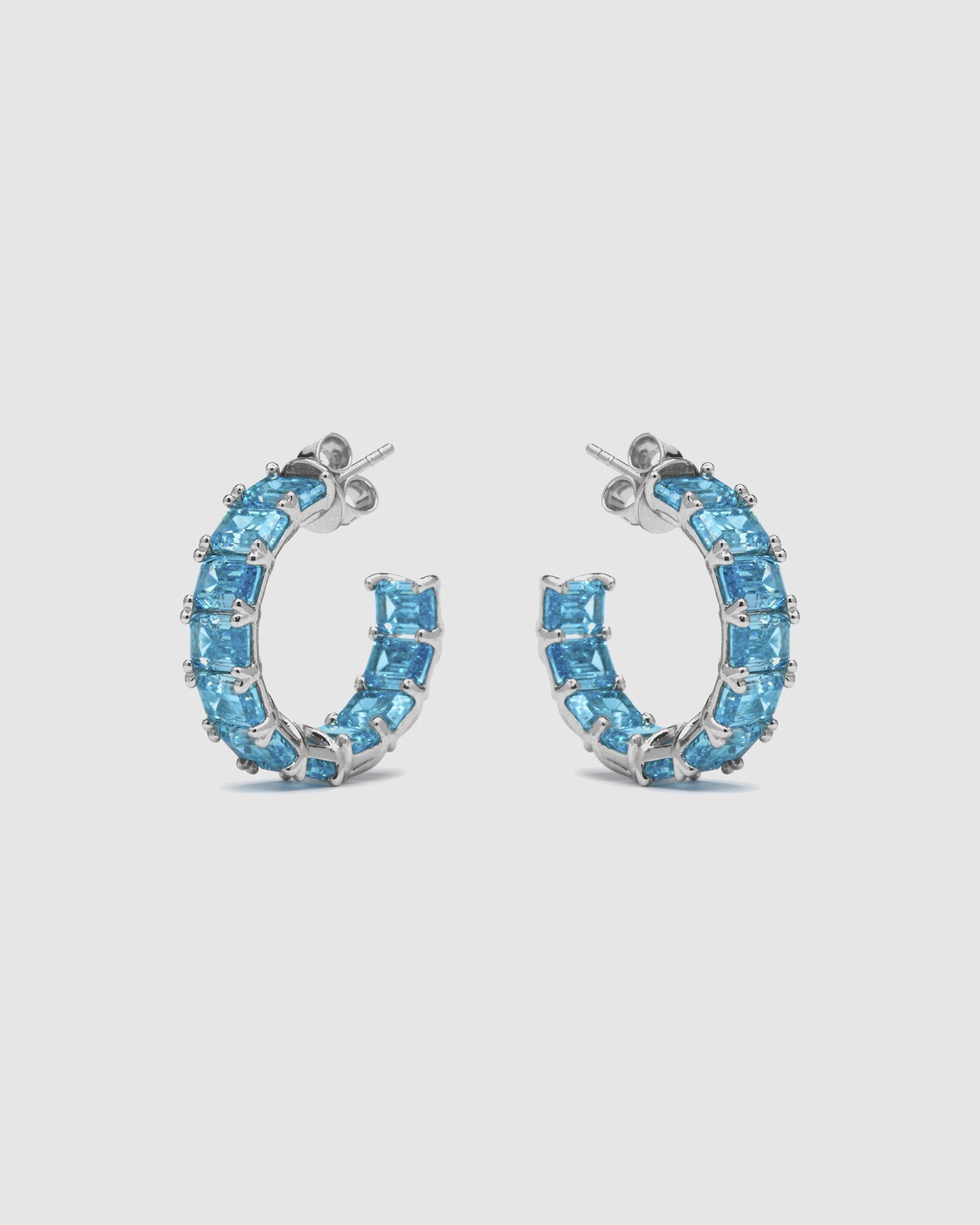 Brincos de Argola Atelier de Prata de Lei 925 com Acabamento em Ródio e Zirconita Topázio Azul Azul-celeste-3
