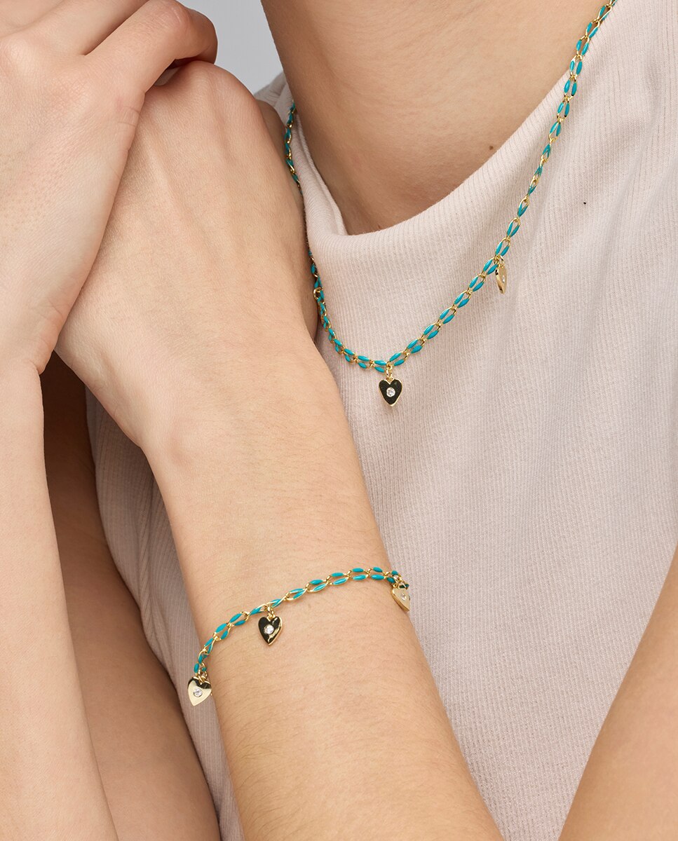 Pulseira Pide Un Deseo de Prata de Lei 925 com Charms Acabada em Ouro de 18 Quilates com Lacado Azul Ouro-2