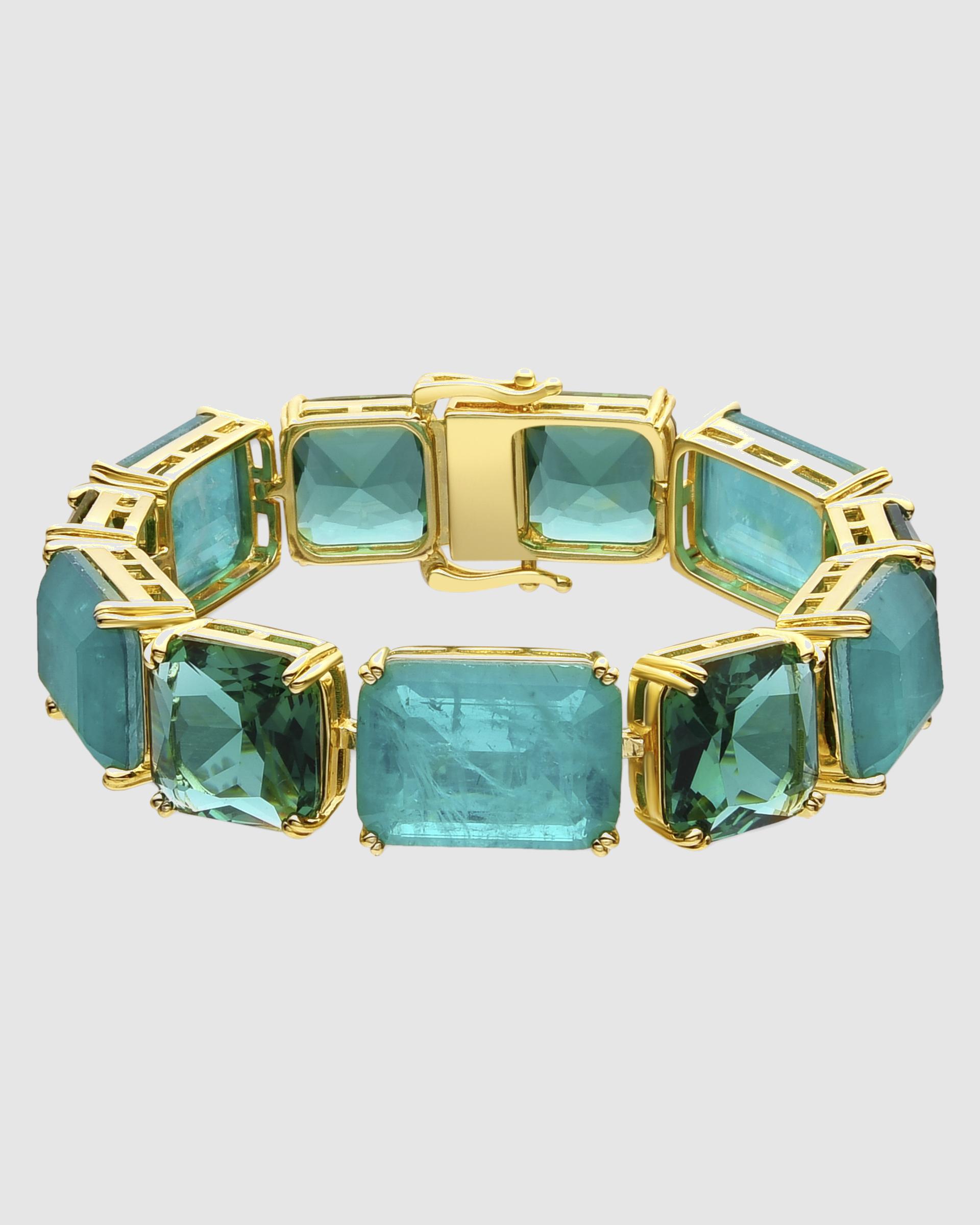 Pulseira de Corrente Atelier de Prata de Lei 925 Acabada em Ouro de 18 Quilates com Quartzo Hidrotermal Verde Paraíba Verde-1