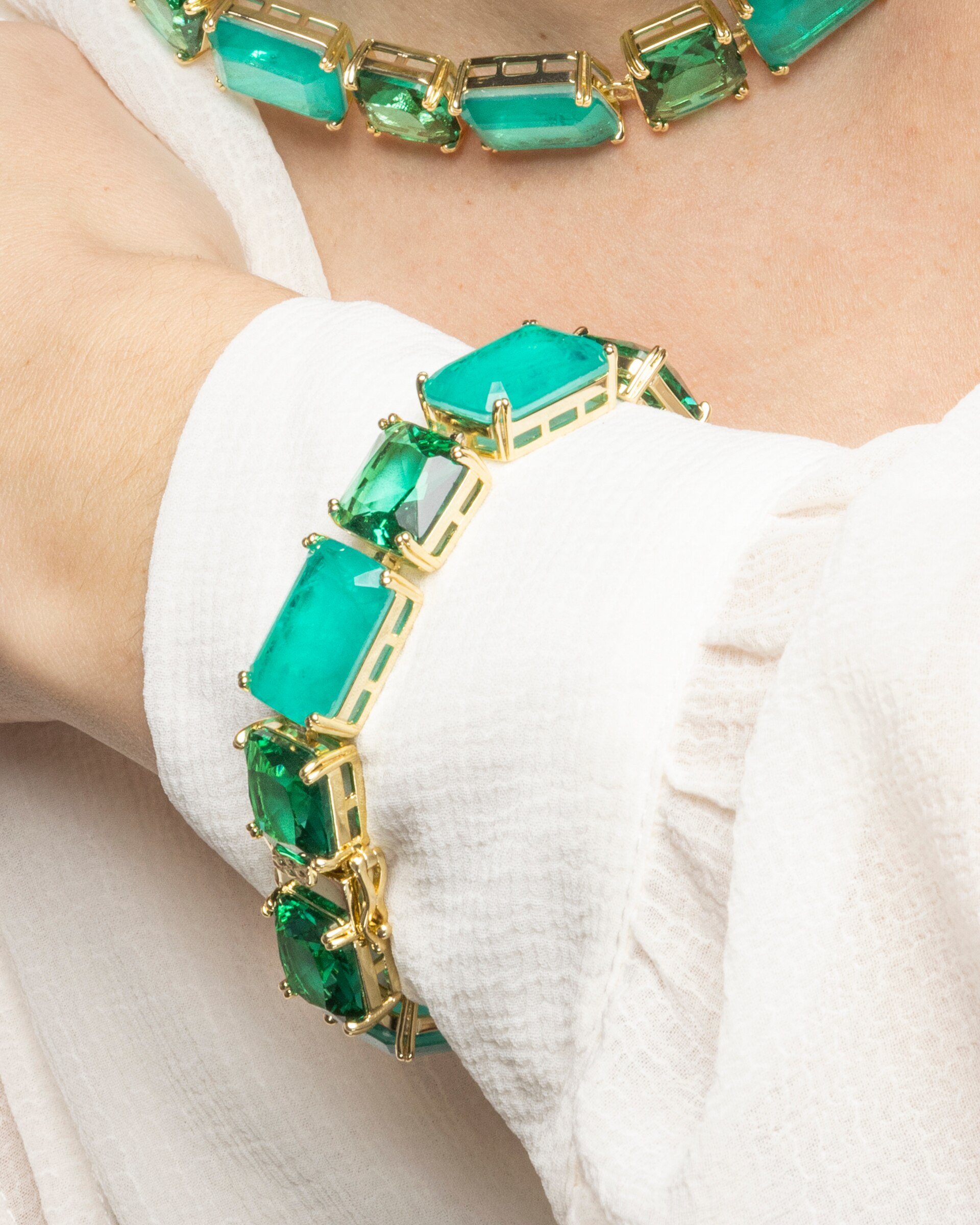 Pulseira de Corrente Atelier de Prata de Lei 925 Acabada em Ouro de 18 Quilates com Quartzo Hidrotermal Verde Paraíba Verde-4