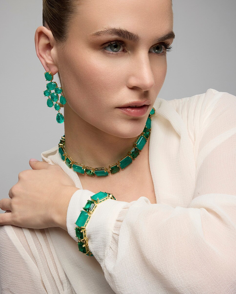 Pulseira de Corrente Atelier de Prata de Lei 925 Acabada em Ouro de 18 Quilates com Quartzo Hidrotermal Verde Paraíba Verde-5