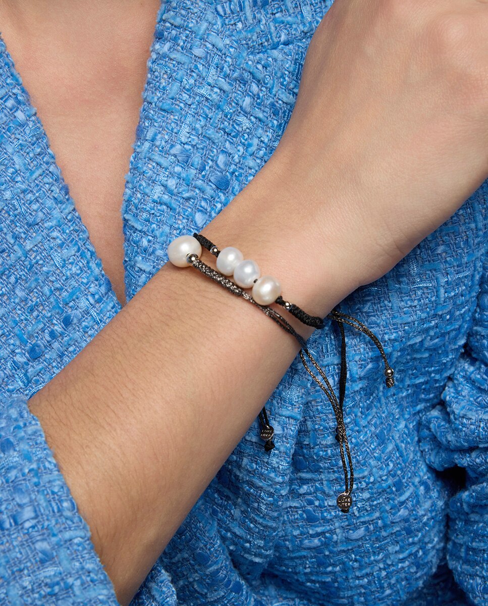 Pulseira de Cordão e Fio Trendy Acabada em Ródio com Pérola Prata-3