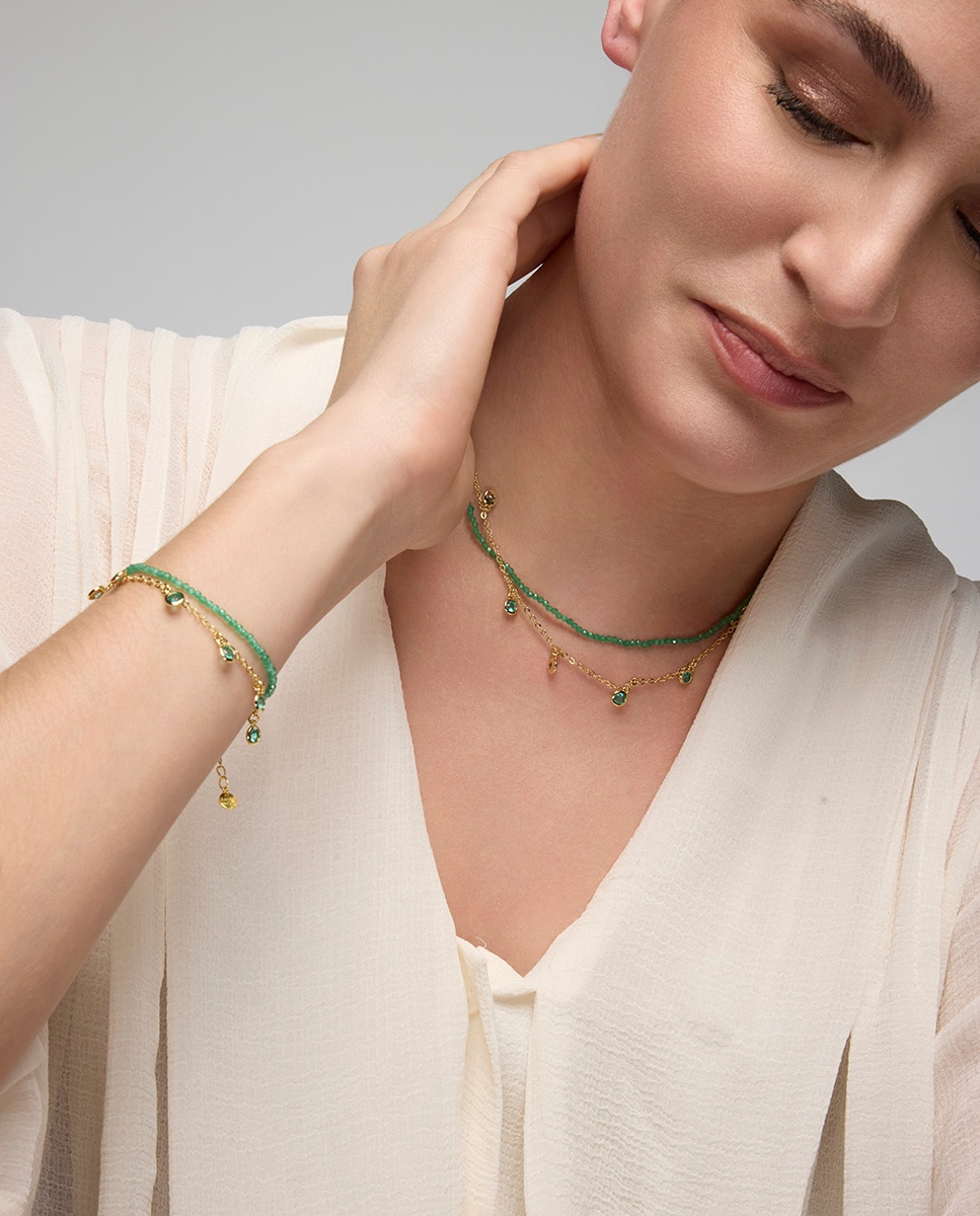 Pulseira de Corrente Trendy de Prata de Lei 925 Acabada em Ouro de 18 Quilates com Zirconita Esmeralda Ouro-2