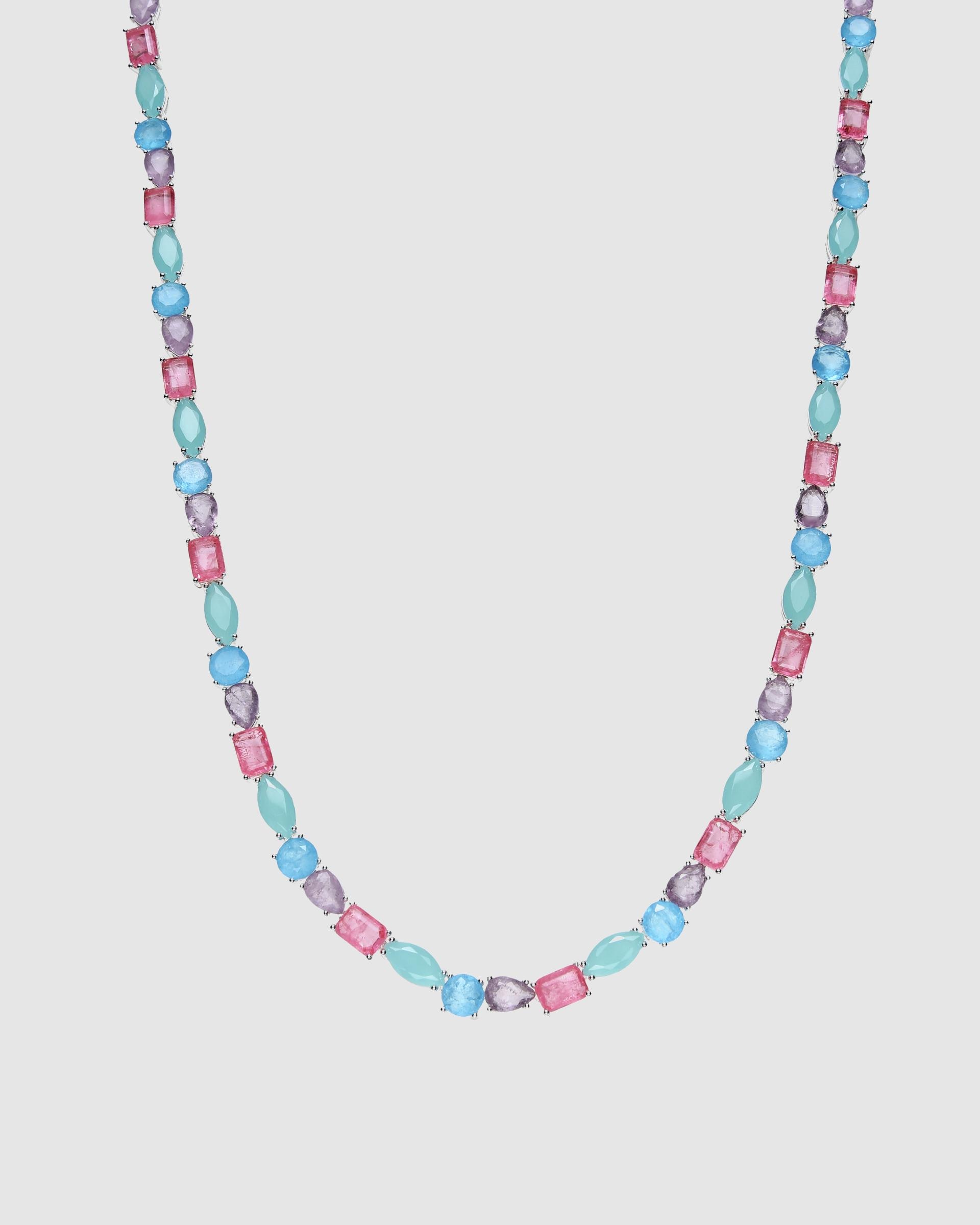 Colar Atelier de Prata de Lei 925 com Acabamento em Ródio e Quartzo Hidrotermal Multicolor Azul / Verde-1