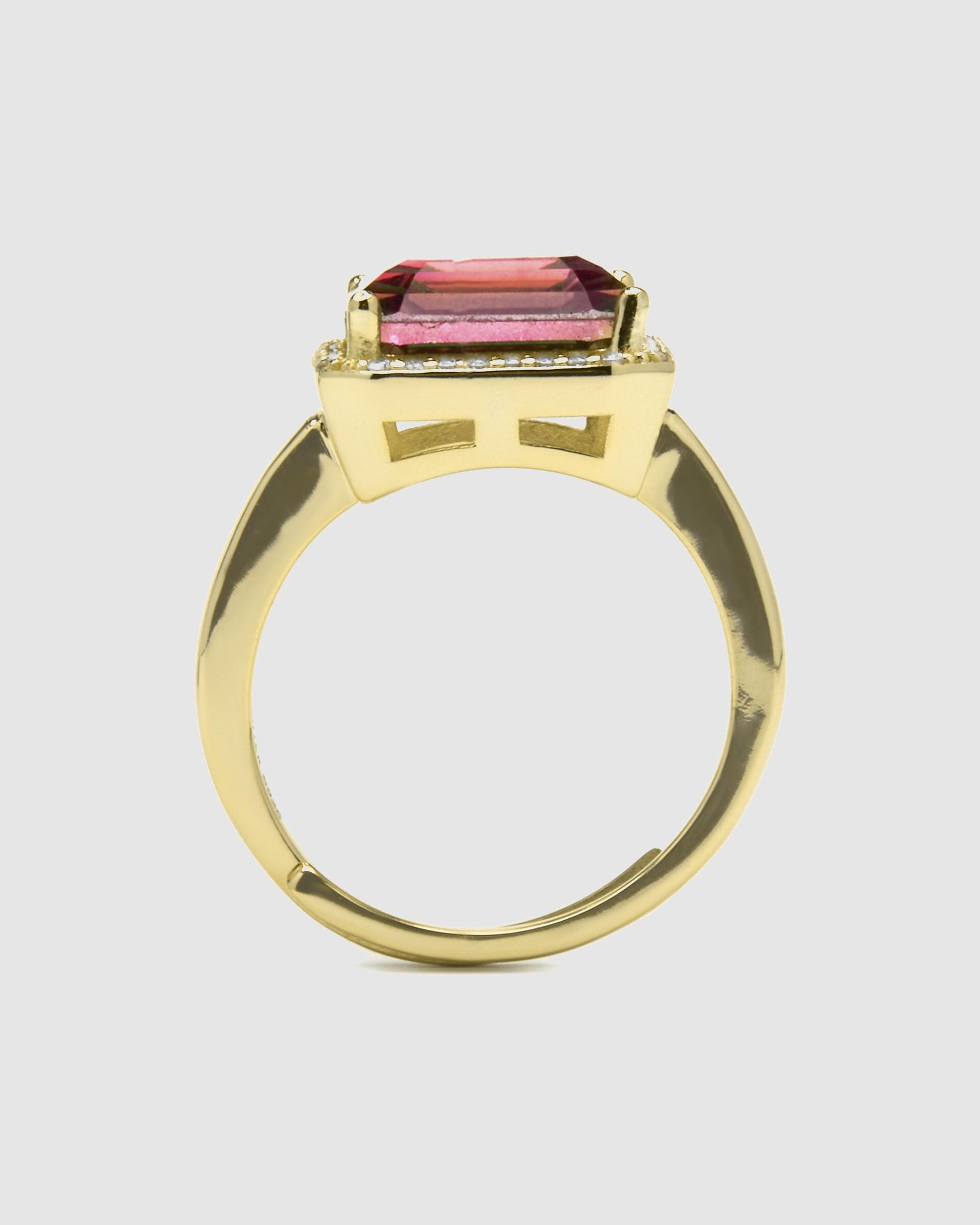 Anel Ajustável Atelier de Prata de Lei 925 com Acabamento em Ouro de 18 Quilates com Quartzo Hidrotermal Turmalina Ouro-6