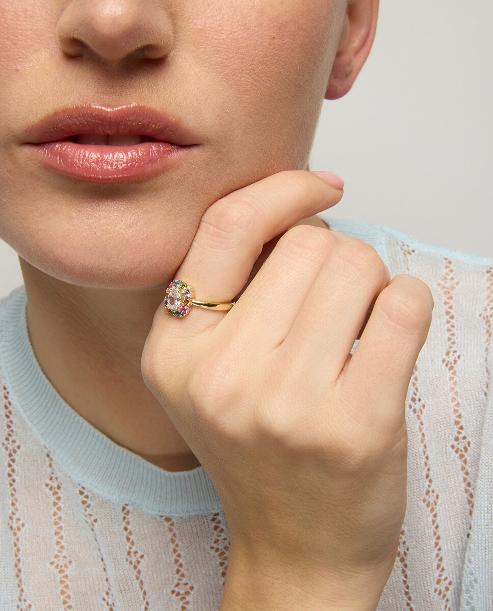 Anel Ajustável Atelier de Prata de Lei 925 com Acabamento em Ouro de 18 Quilates e Zirconita Multicolor Ouro-2