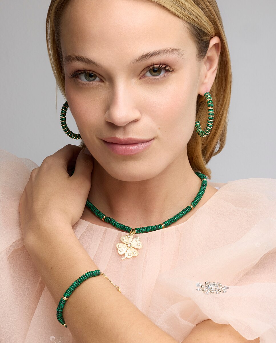 Pulseira de Corrente Trendy de Prata de Lei 925 Acabada em Ouro de 18 Quilates com Malaquita Prata-3