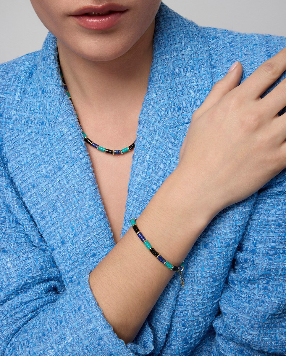 Pulseira de Corrente Trendy de Prata de Lei 925 com Acabamento em Ouro de 18 Quilates e Turquesa Azul-turquesa-3