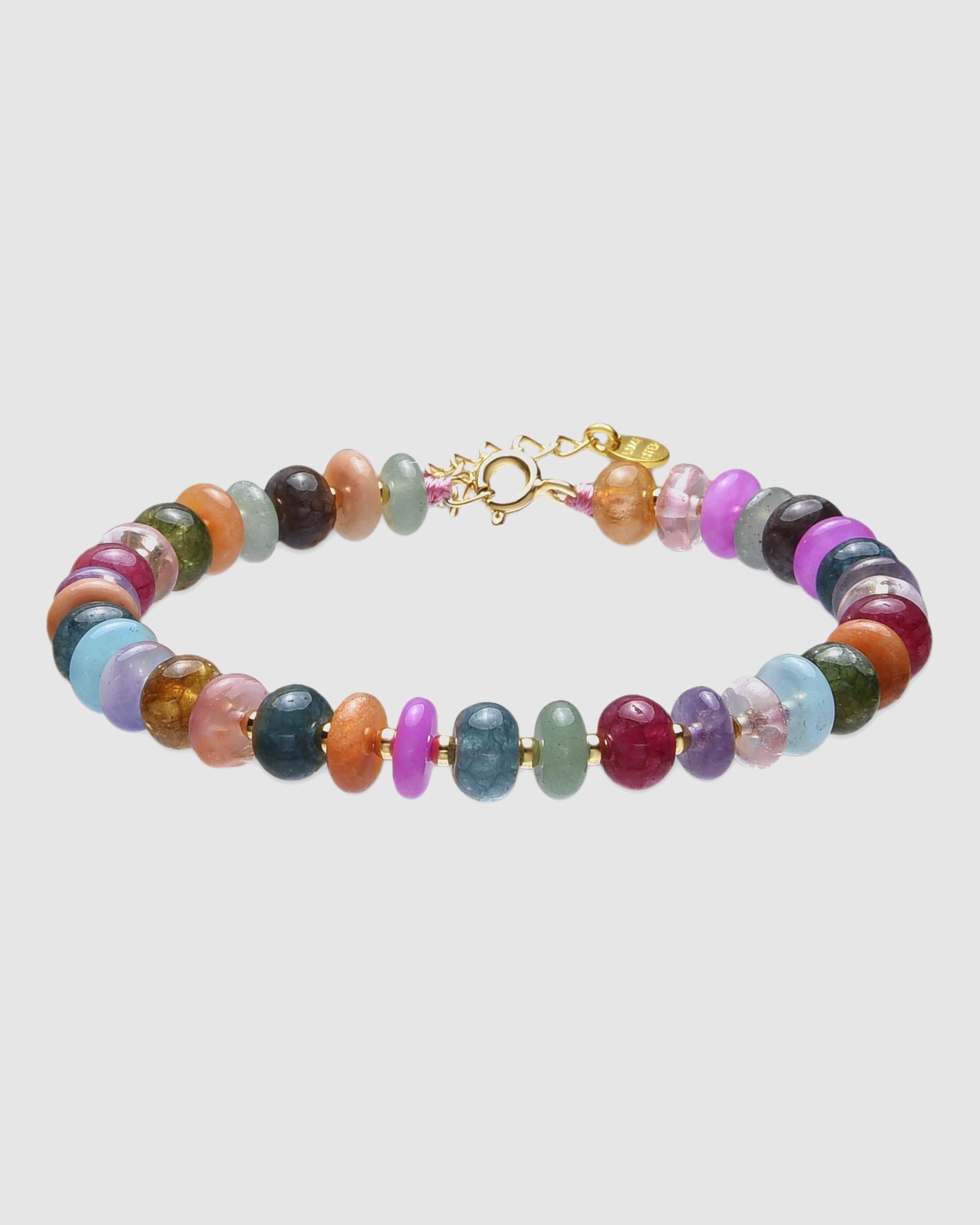 Pulseira de Corrente Trendy de Prata de Lei 925 Acabada em Ouro de 18 Quilates com Ágata Multicolor Multicolor-1