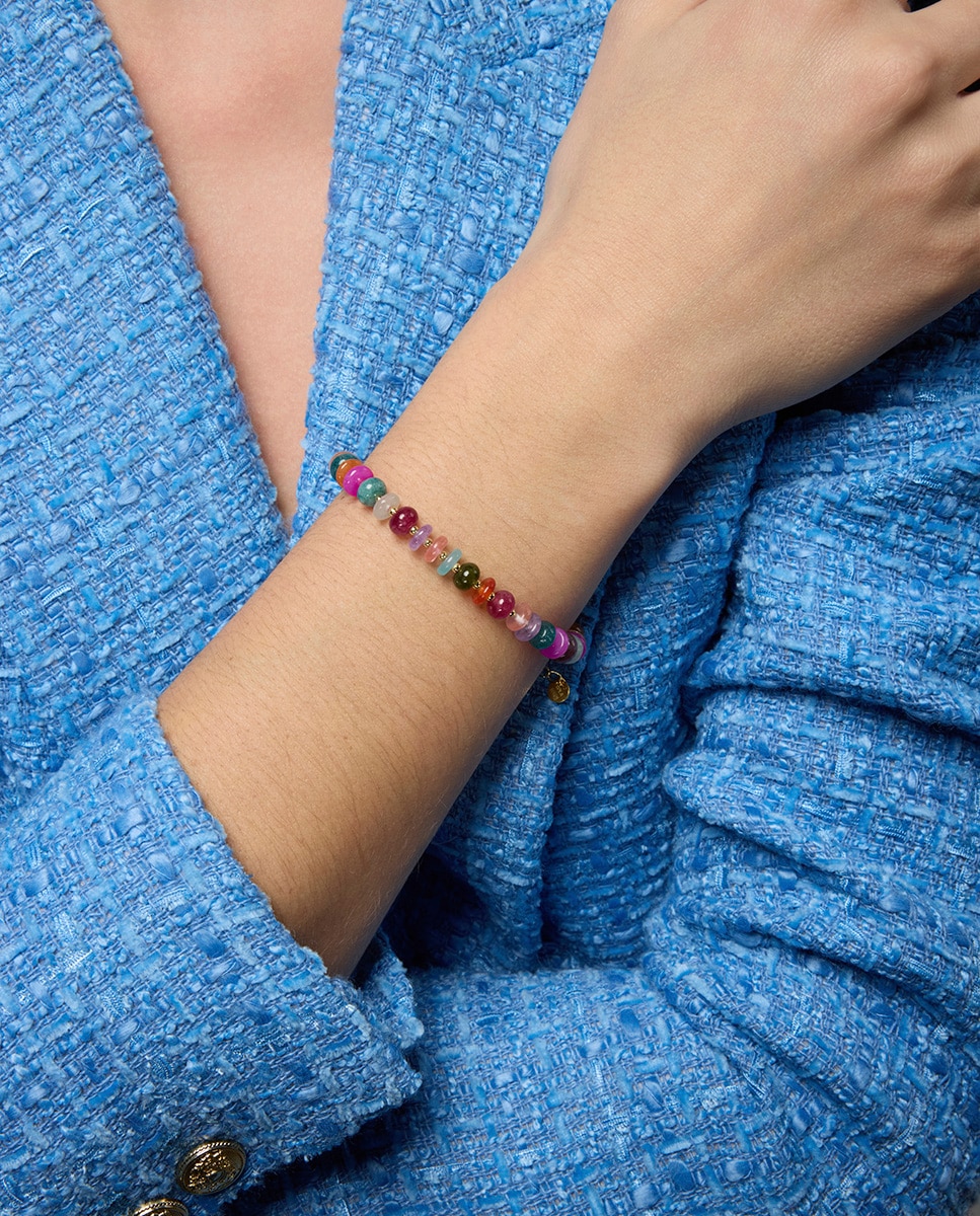 Pulseira de Corrente Trendy de Prata de Lei 925 Acabada em Ouro de 18 Quilates com Ágata Multicolor Multicolor-3