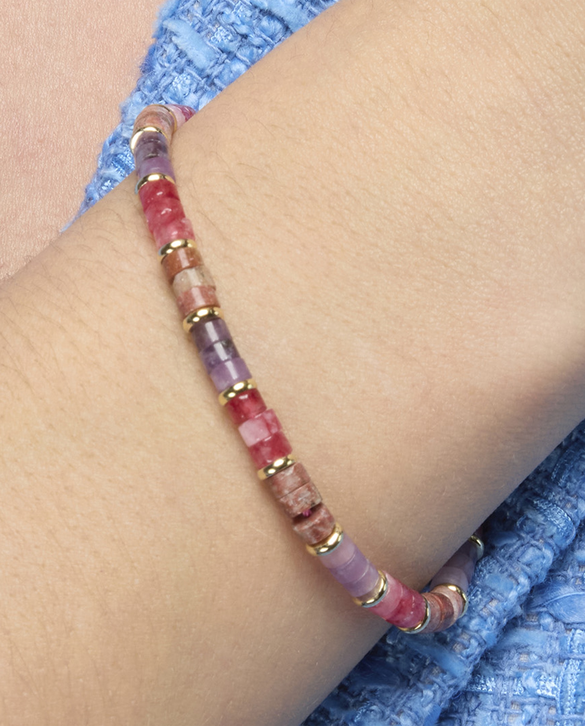 Pulseira de Corrente Trendy de Prata de Lei 925 com Acabamento em Ouro de 18 Quilates com Ametista Natural Dourado-5
