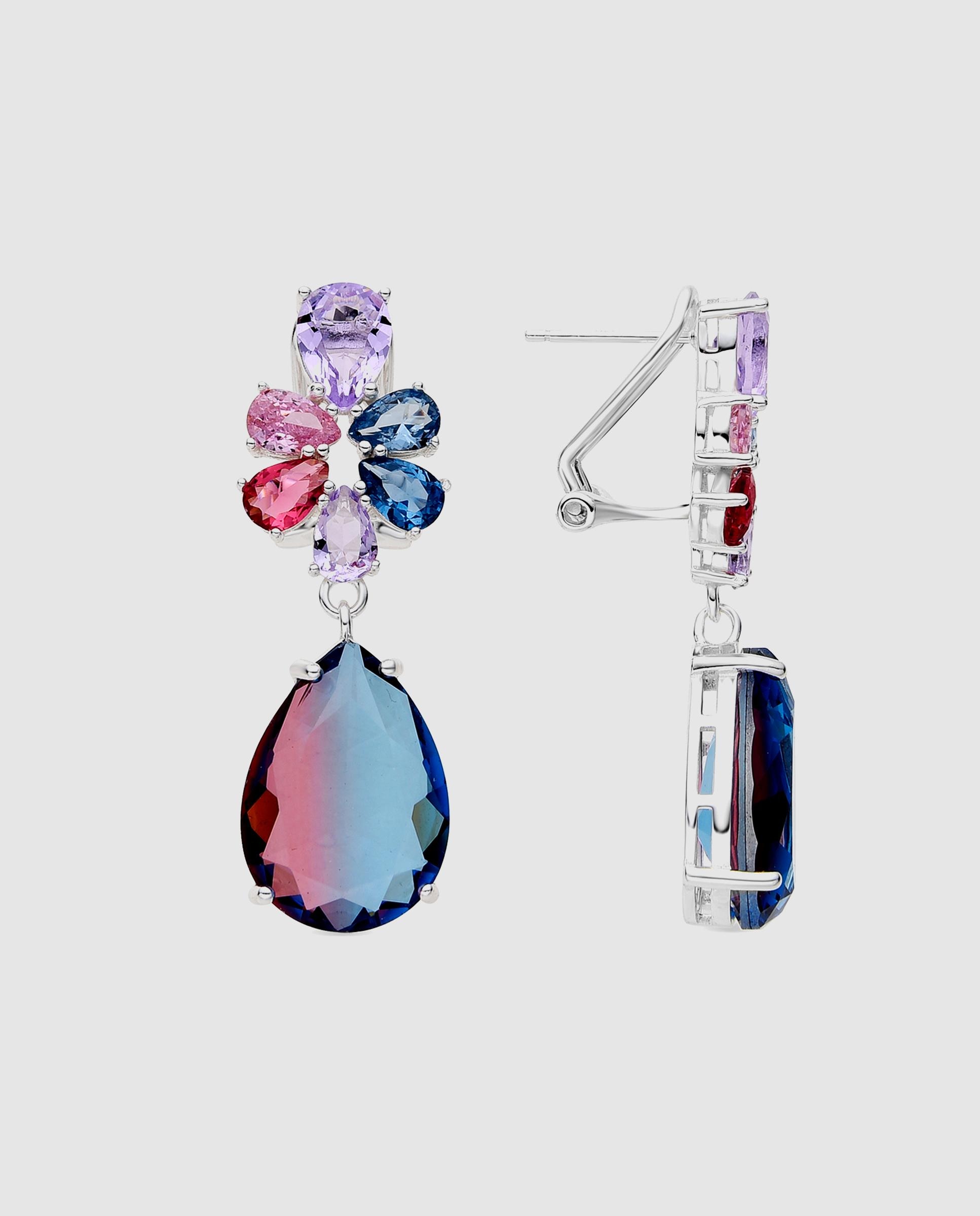 Brincos Atelier de Prata de Lei 925 com Acabamentos em Ródio e Quartzo Hidrotermal Azul Degradado Azul-marinho / Laranja-1