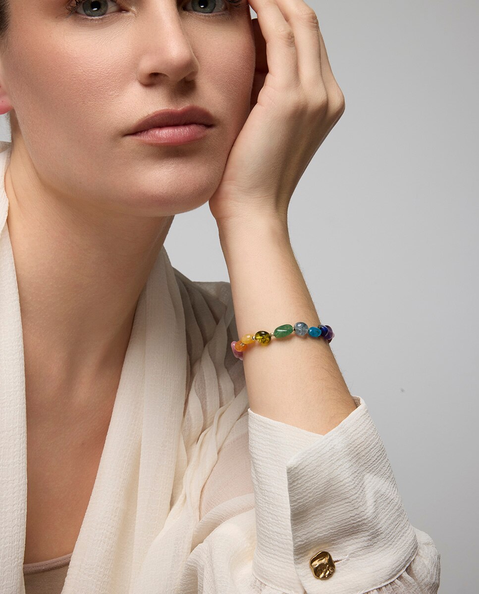 Pulseira de Corrente Boho Acabada em Ouro de 18 Quilates com Multicolor Pedra Natural Ouro-3