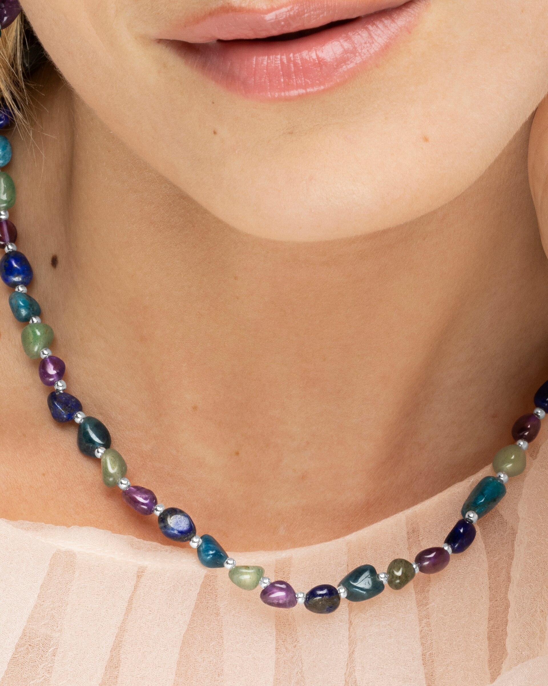 Colar Boho com Acabamento em Ródio e Ametista Natural Roxo / Verde claro-4