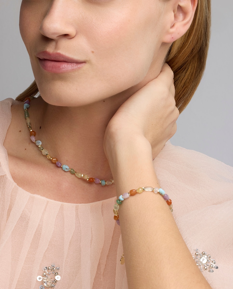 Pulseira de Corrente Boho Acabada em Ouro de 18 Quilates com Multicolor Pedra Natural Ouro-2