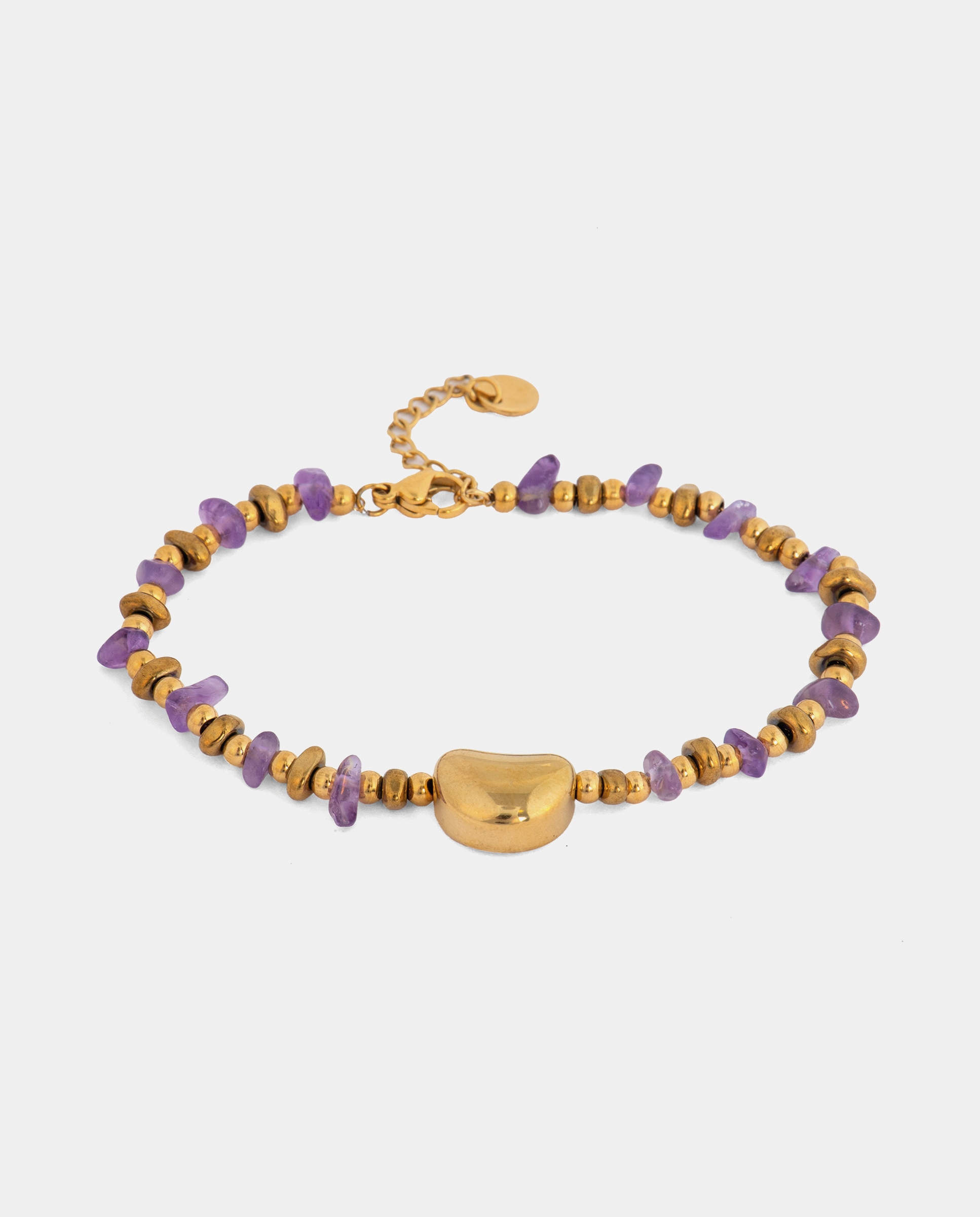 Pulseira de Corrente Boho de Aço Acabada em Ouro Amarelo de 18 Quilates com Ametista Natural Ouro-1