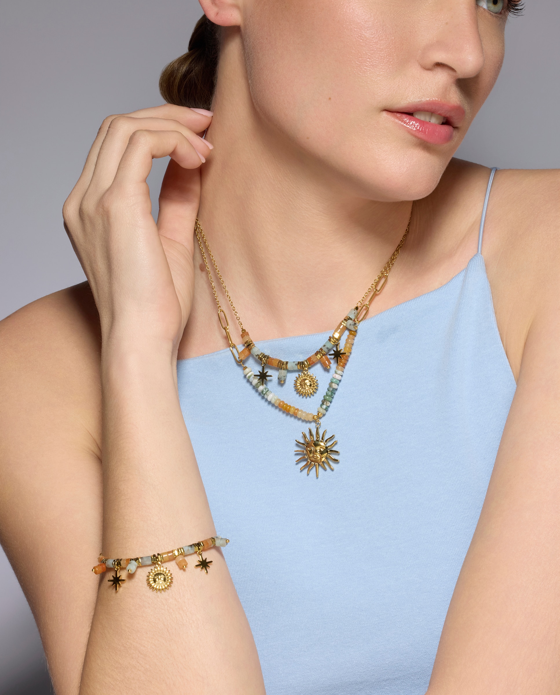 Pulseira com Charms Boho Acabada em Ouro de 18 Quilates com Multicolor Pedra Natural Ouro-3