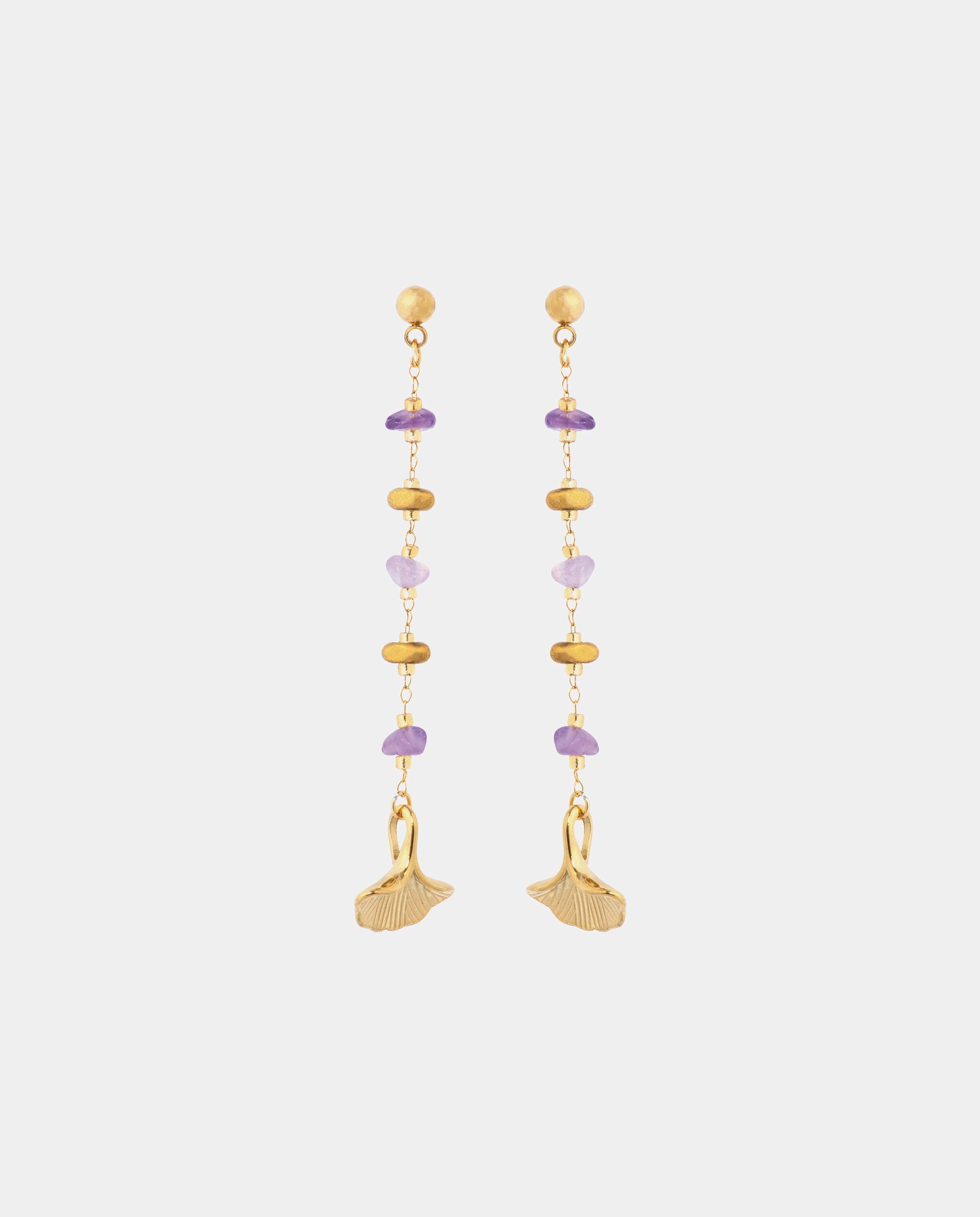 Brincos Boho de Aço com Acabamentos em Ouro Amarelo de 18 Quilates com Ametista Natural Roxo-1