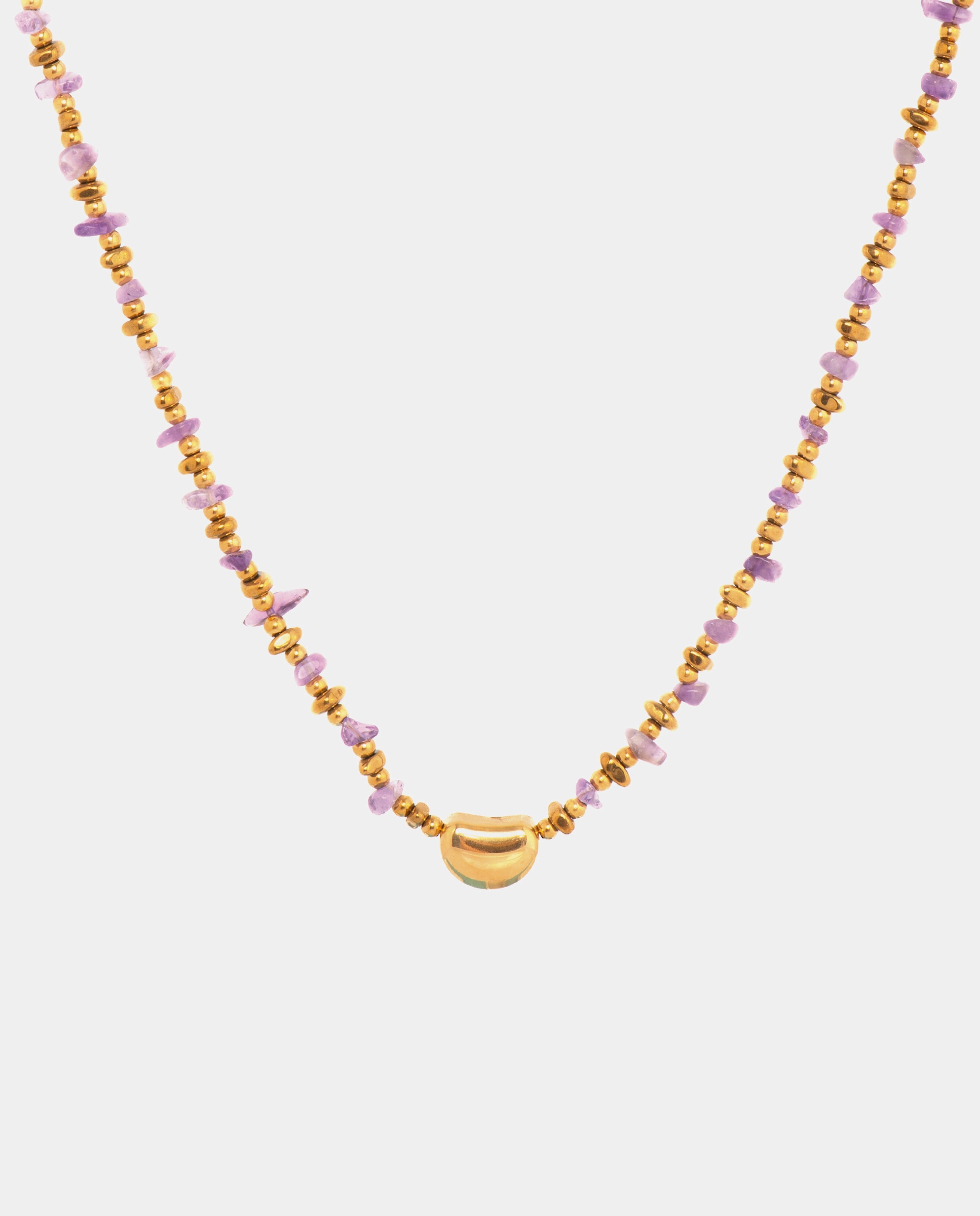 Colar Boho de Aço com Acabamento em Ouro Amarelo de 18 Quilates com Ametista Natural Ouro-1