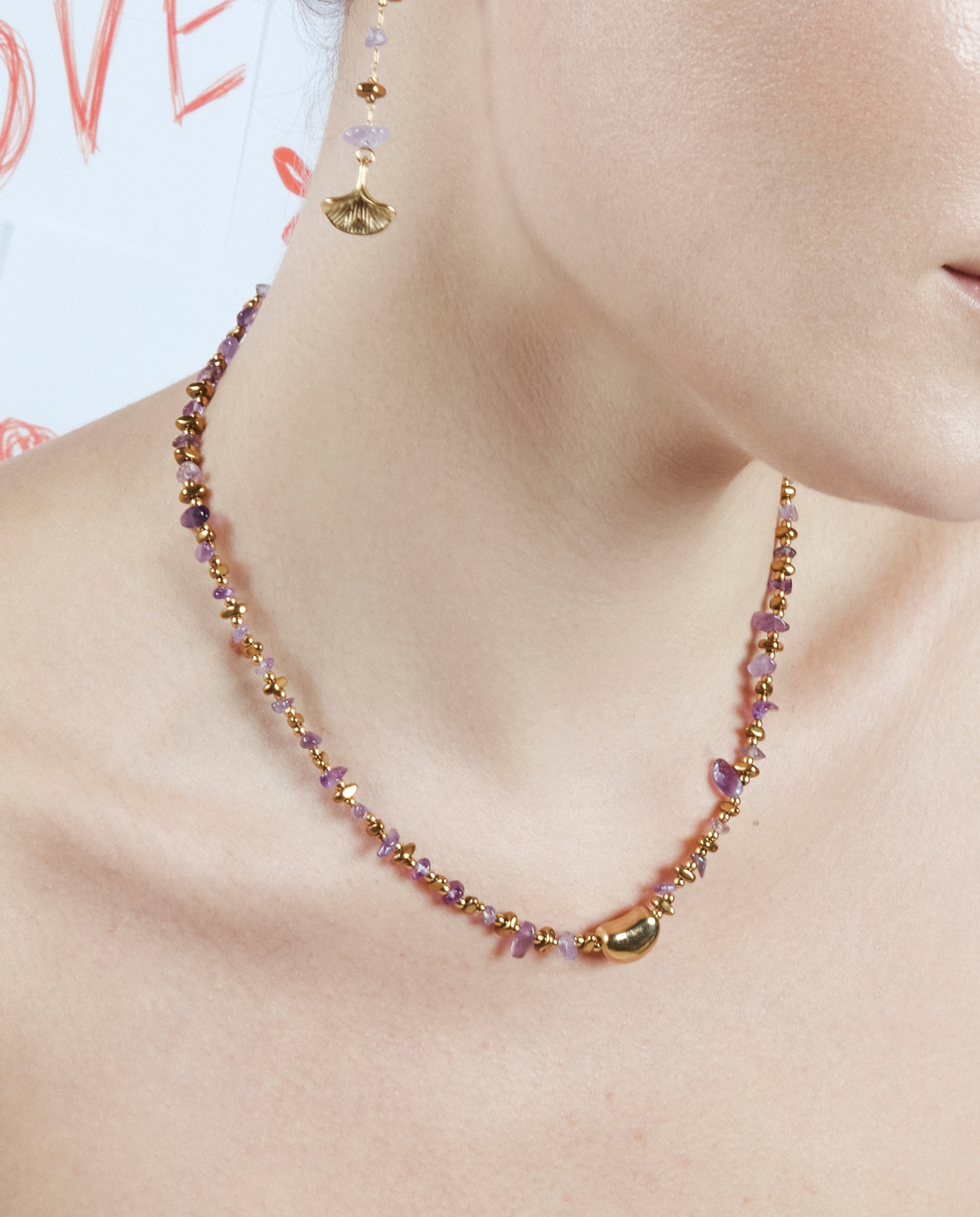 Colar Boho de Aço com Acabamento em Ouro Amarelo de 18 Quilates com Ametista Natural Ouro-3
