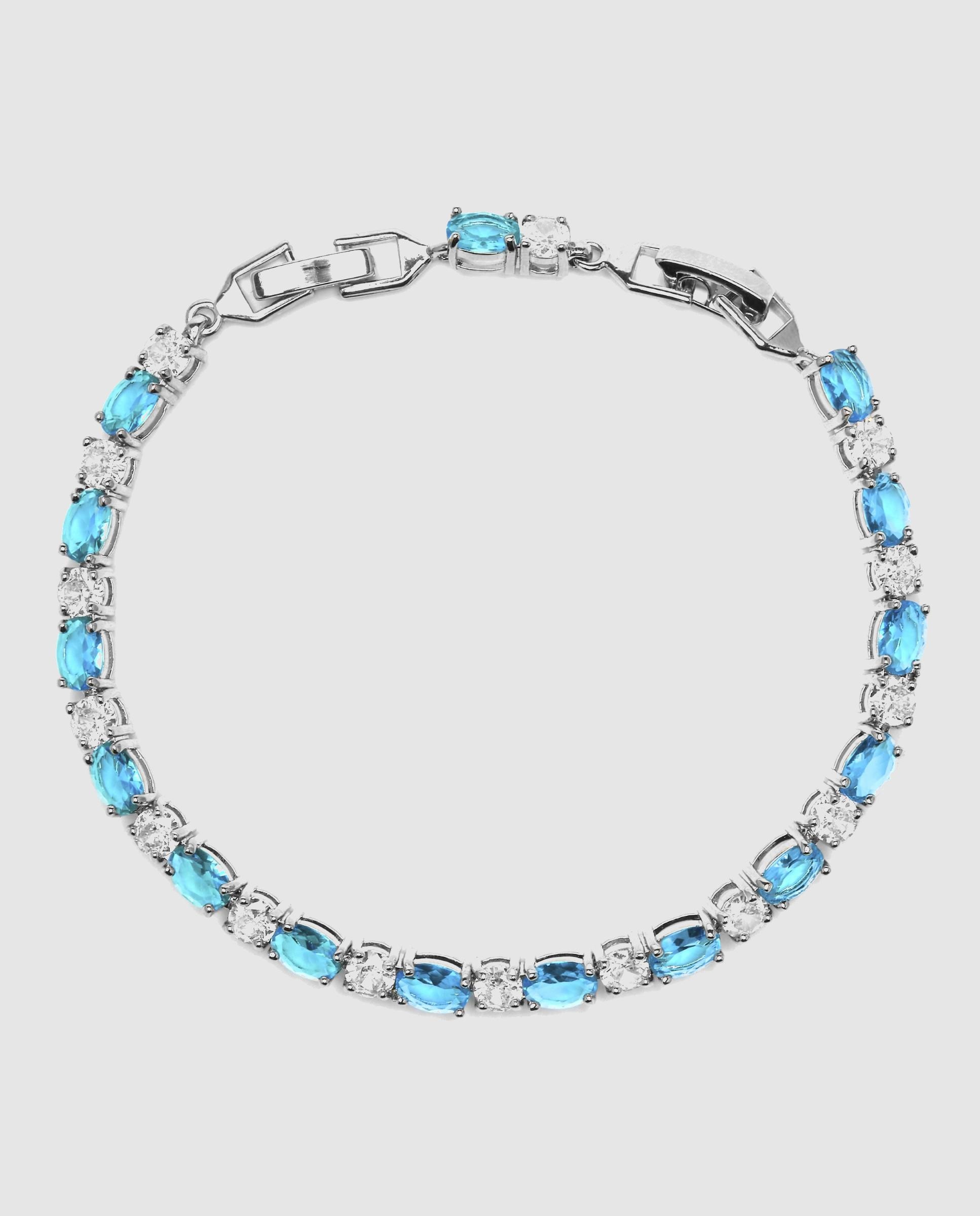 Pulseira de Corrente África Acabada em Ródio com Zirconita Água-marinha Prata-4