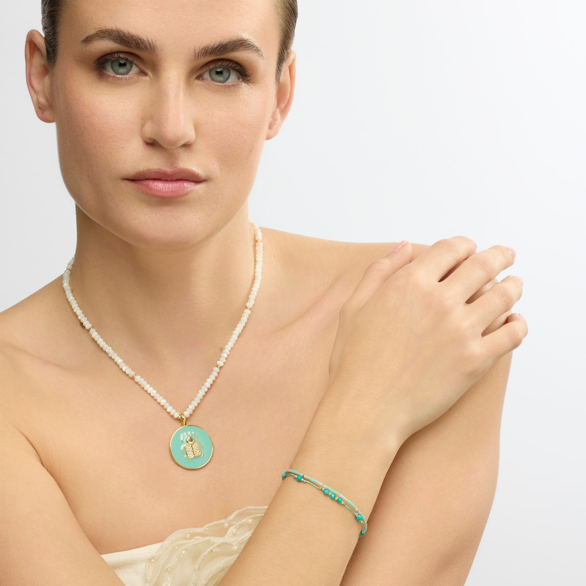 Pulseira de Cordão e Fio Boho Acabada em Ouro Amarelo de 18 Quilates com Turquesa Turquesa-2