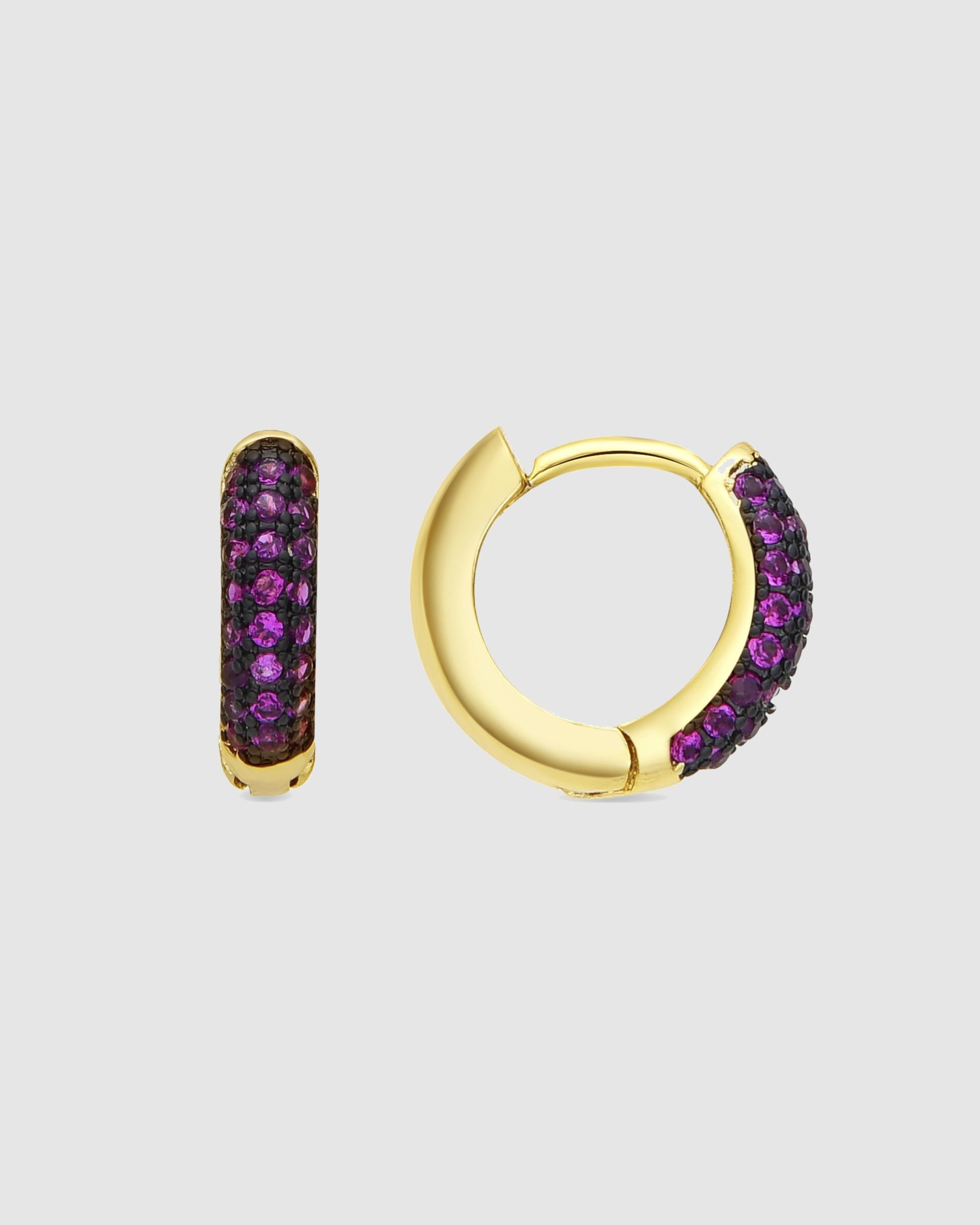 Brincos de Argola Basic Acabados em Ródio com Zirconita Rubi Roxo-1