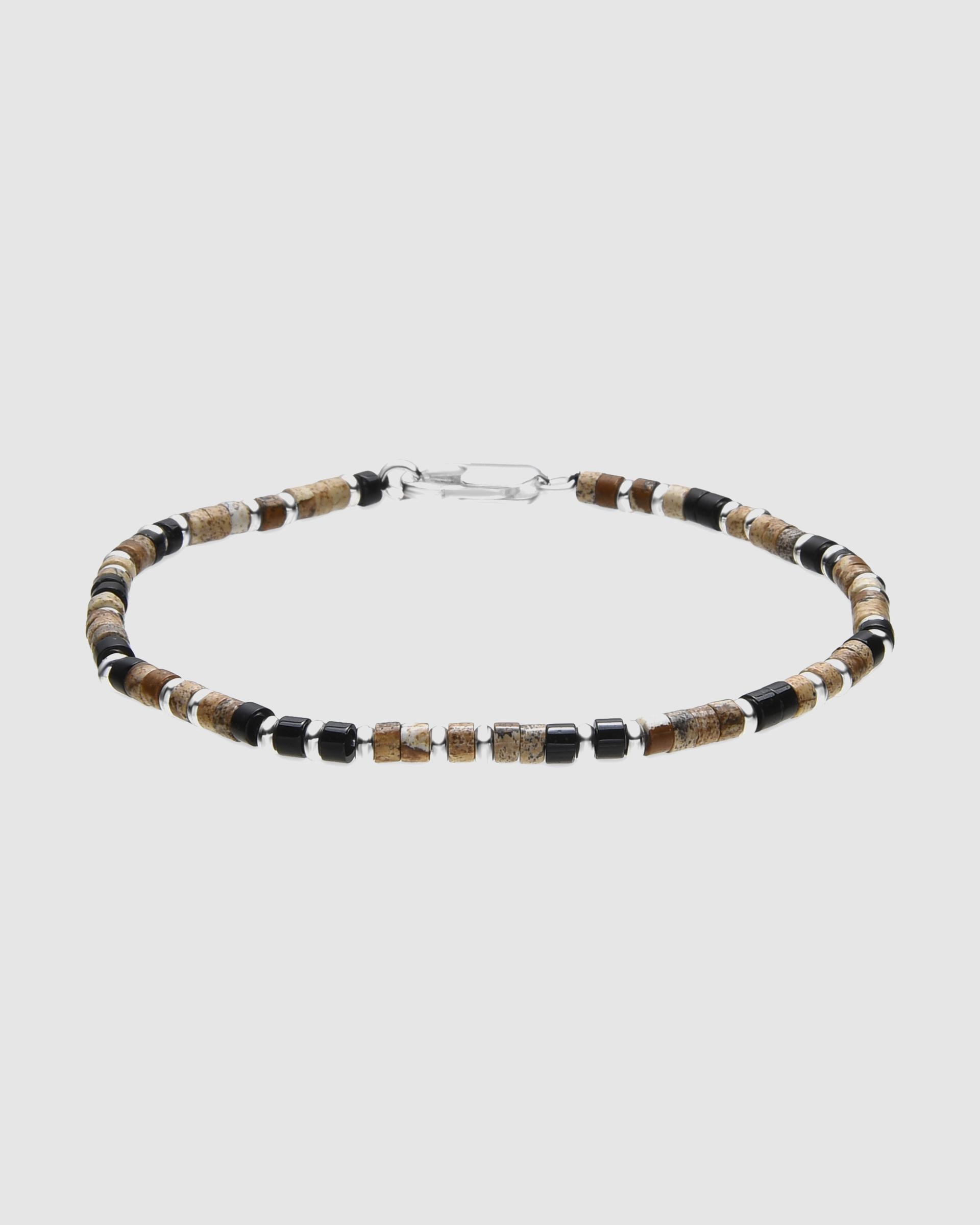 Pulseira de Corrente Acabada em Ródio com Jaspe Paisagem Bege / Castanho-1