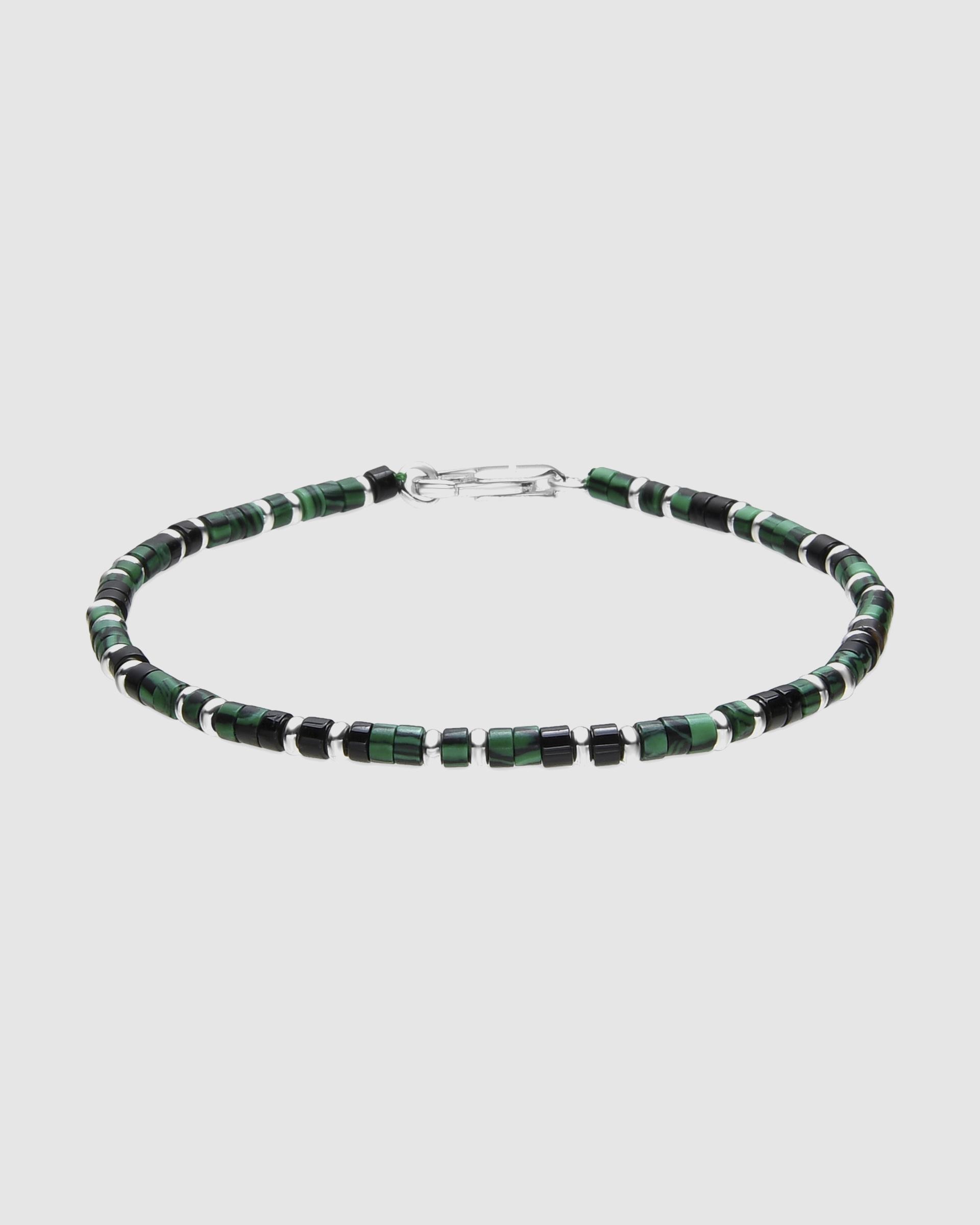 Pulseira de Corrente Acabada em Ródio com Malaquita Preto-1