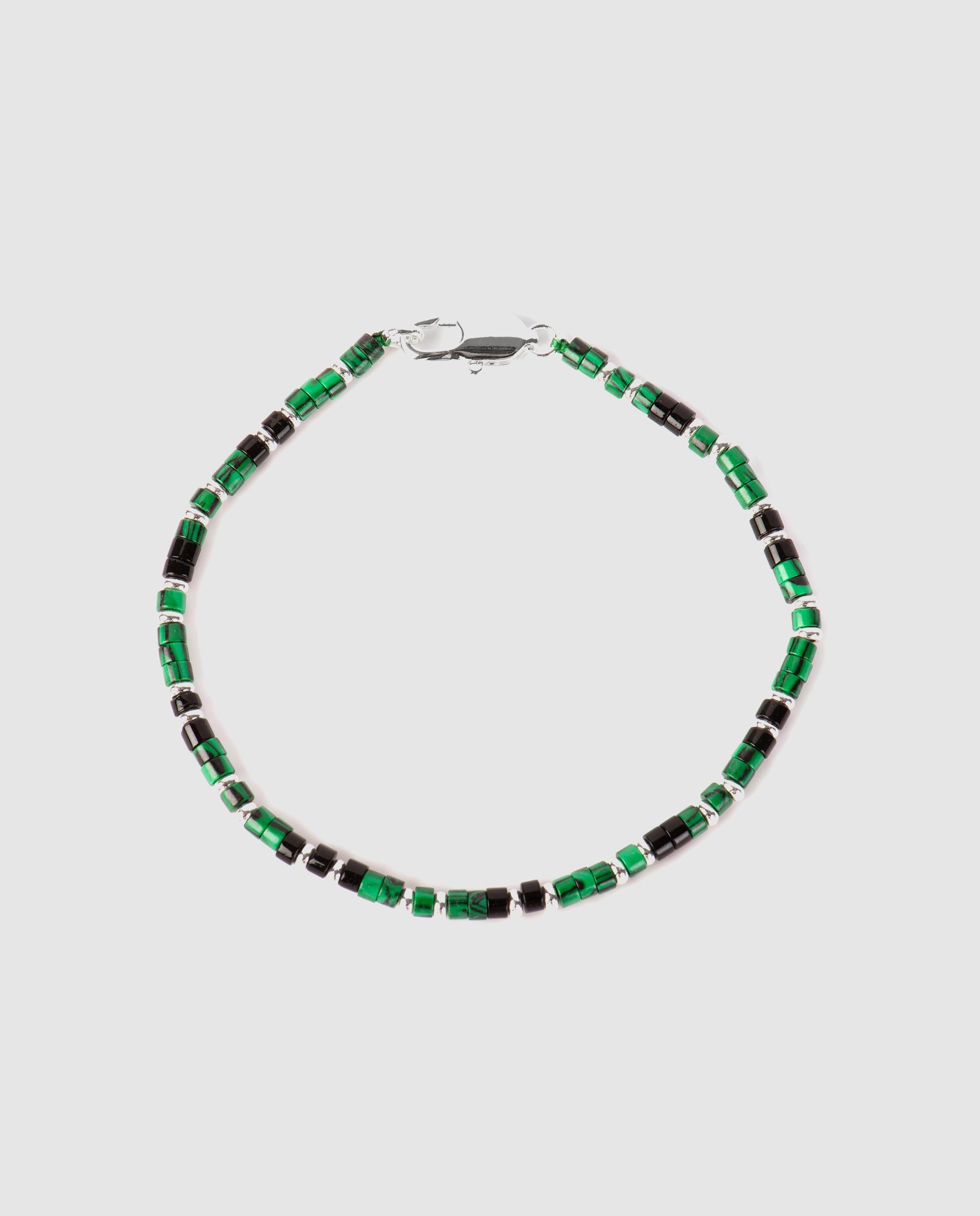 Pulseira de Corrente Acabada em Ródio com Malaquita Preto-2