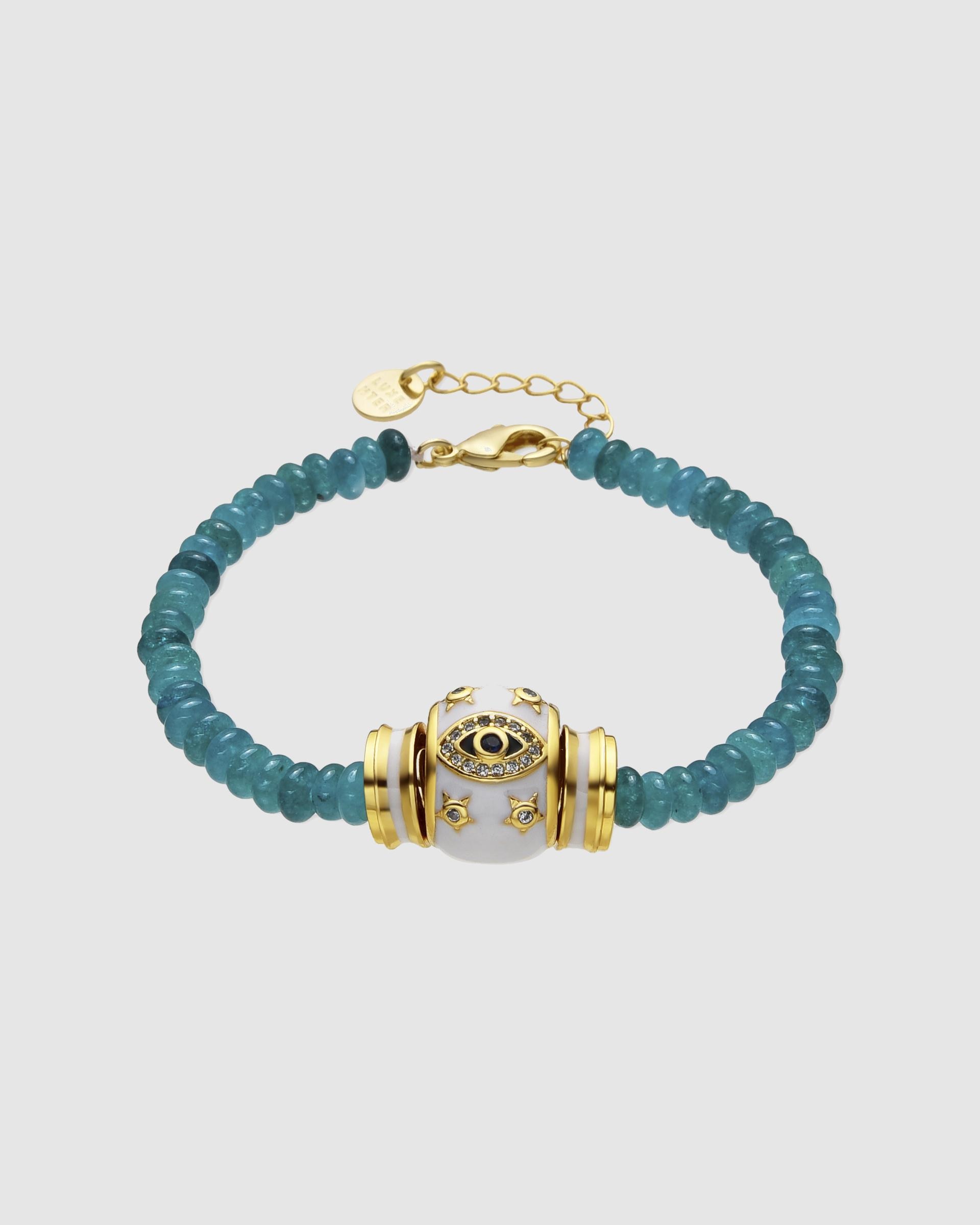Pulseira de Corrente Boho Acabada em Ouro de 18 Quilates com Jade Verde Azul-1
