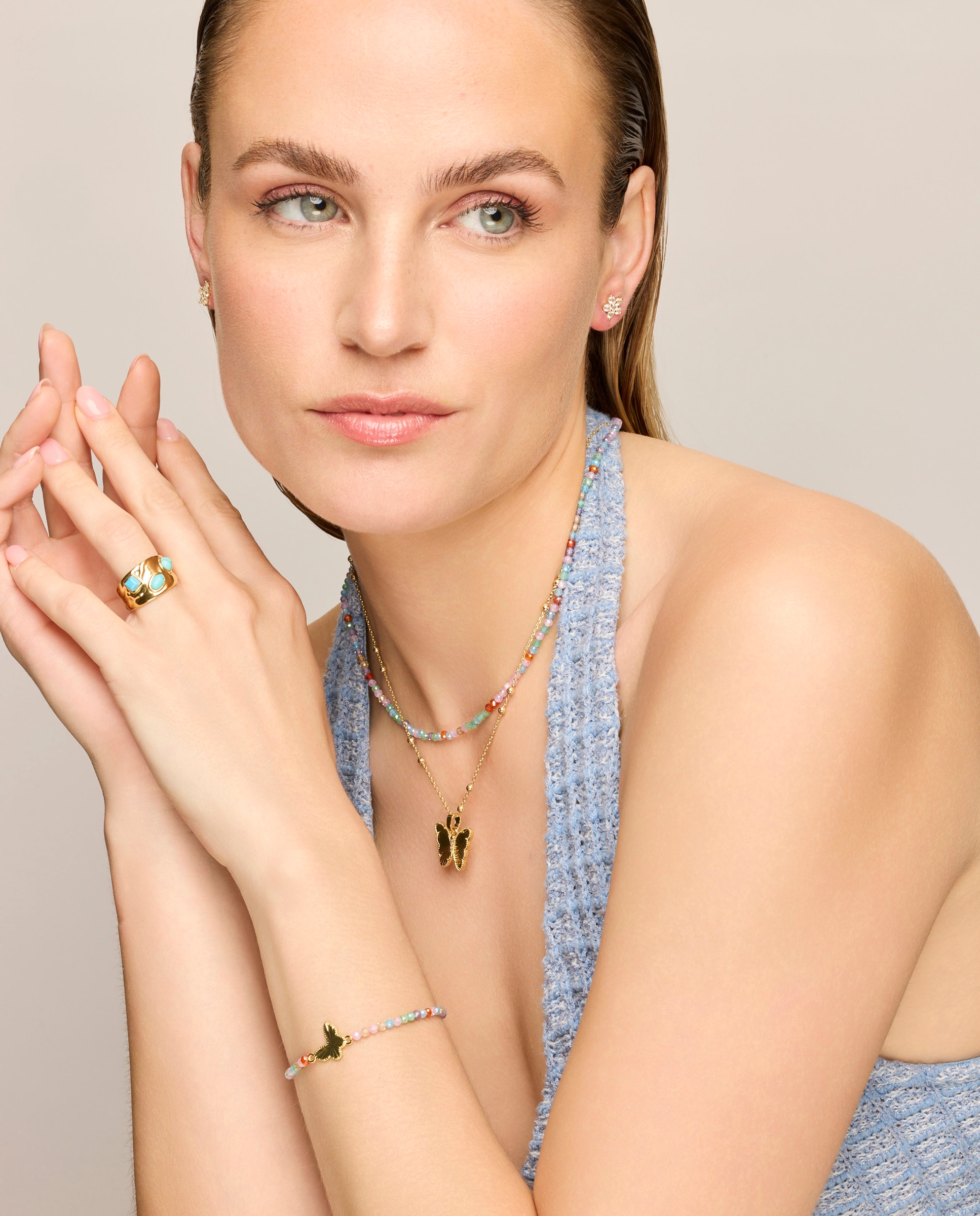 Colar Boho com Acabamento em Ouro de 18 Quilates e Cristal Multicolor Multicolor-2