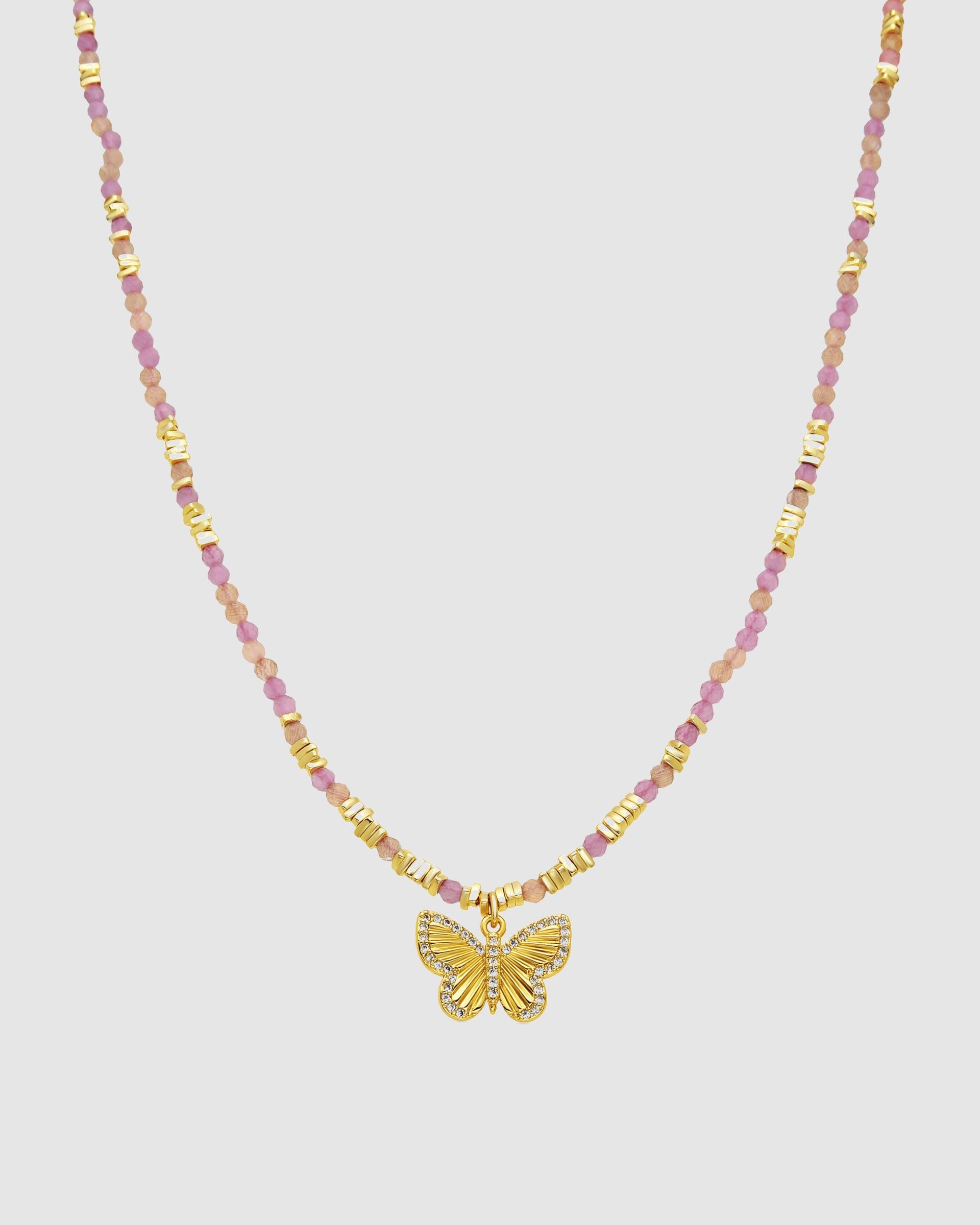 Colar Boho com Acabamento em Ouro de 18 Quilates e Cristal Rosa Rosa-1