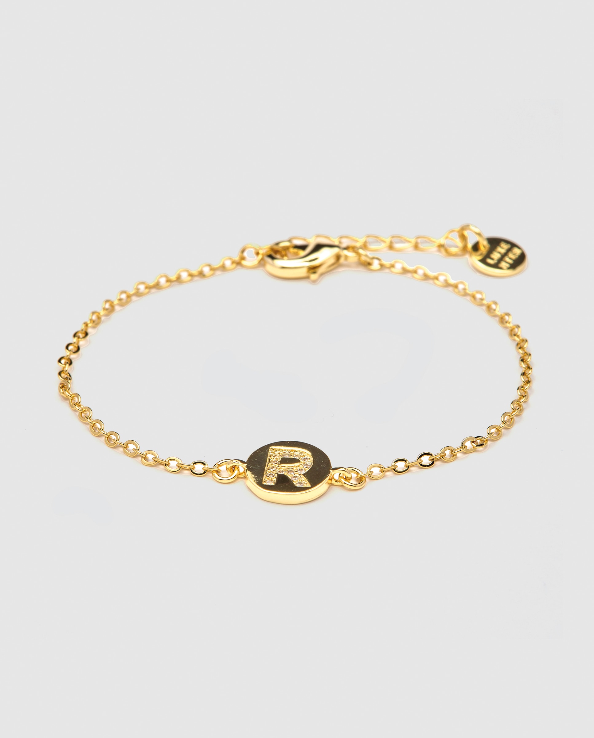 Pulseira de Corrente Personalizada Letras com Zirconita Brilhante Acabada em Ouro Amarelo de 18k - R Dourado-1