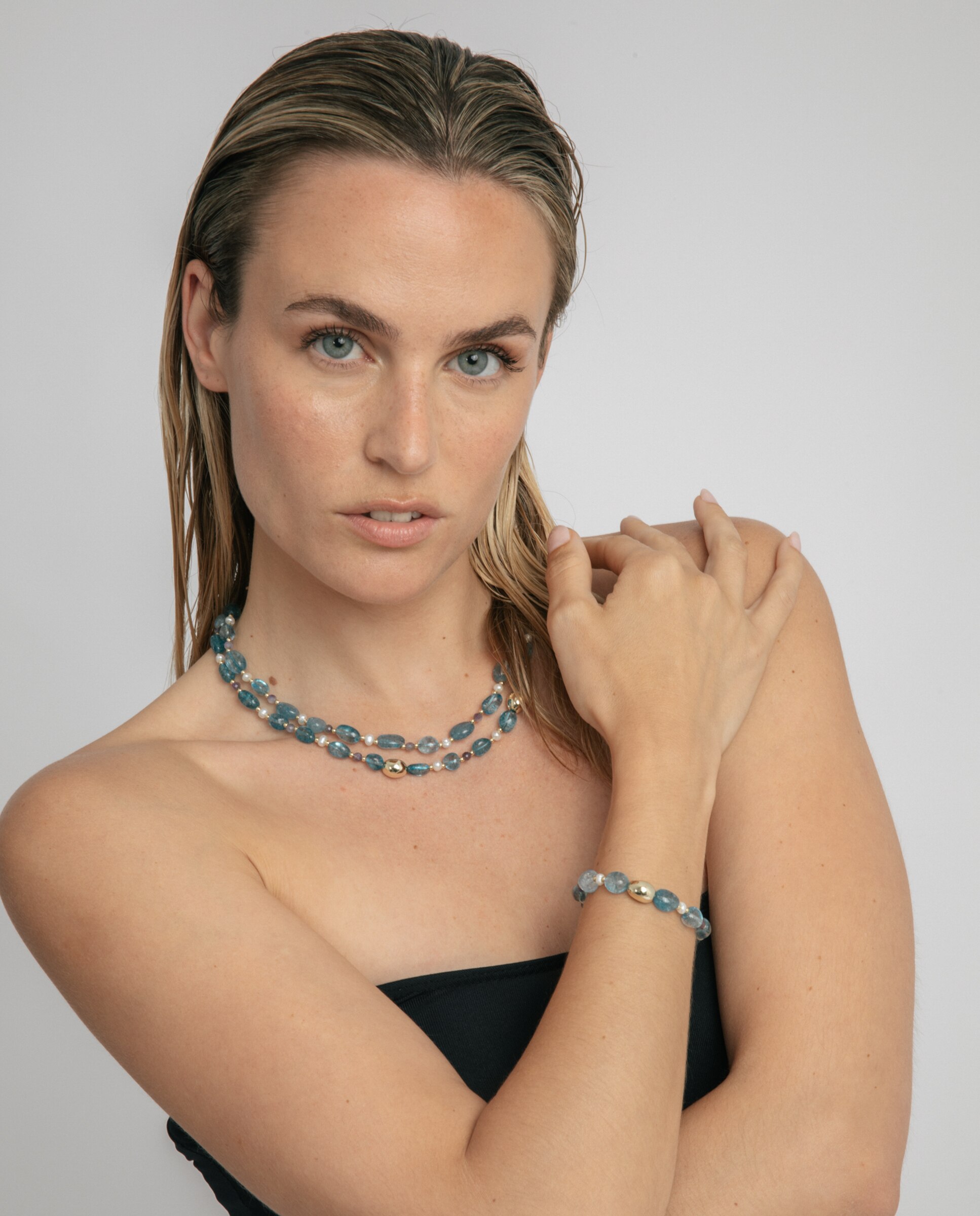 Pulseira de Corrente Trendy de Prata de Lei 925 Acabada em Ouro Amarelo de 18 Quilates com Cristal Azul Ouro-2