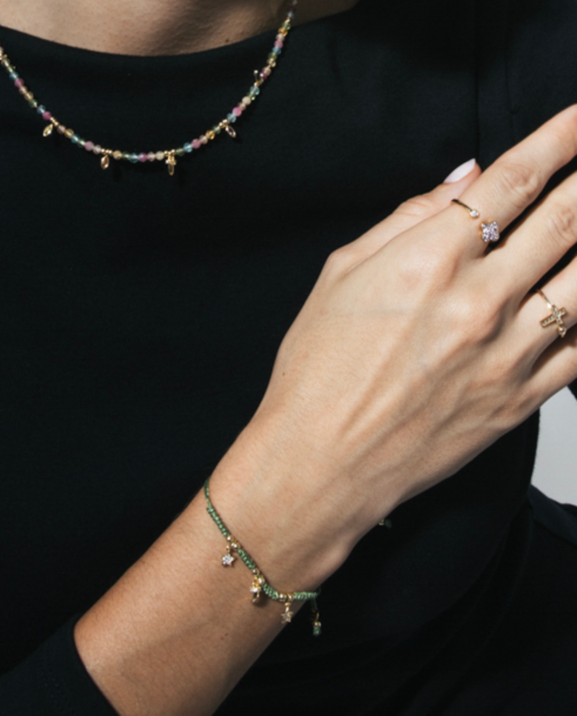Pulseira de Cordão e Fio Pide Un Deseo de Prata de Lei 925 Acabada em Ouro Amarelo de 18 Quilates com Zirconita Multicolor Ouro-4