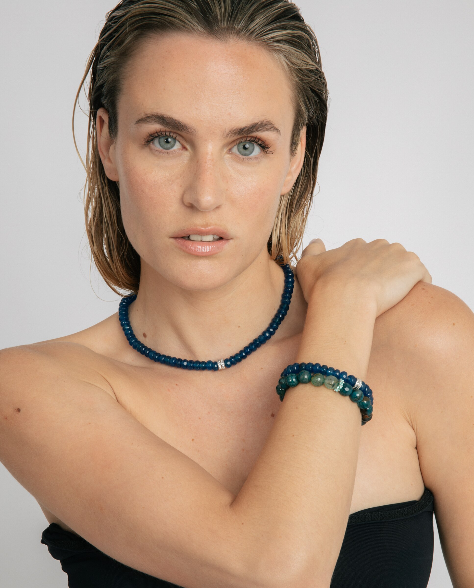 Pulseira de Corrente Trendy de Prata de Lei 925 Acabada em Ouro Amarelo de 18 Quilates com Ágata Verde Verde-azulado-2