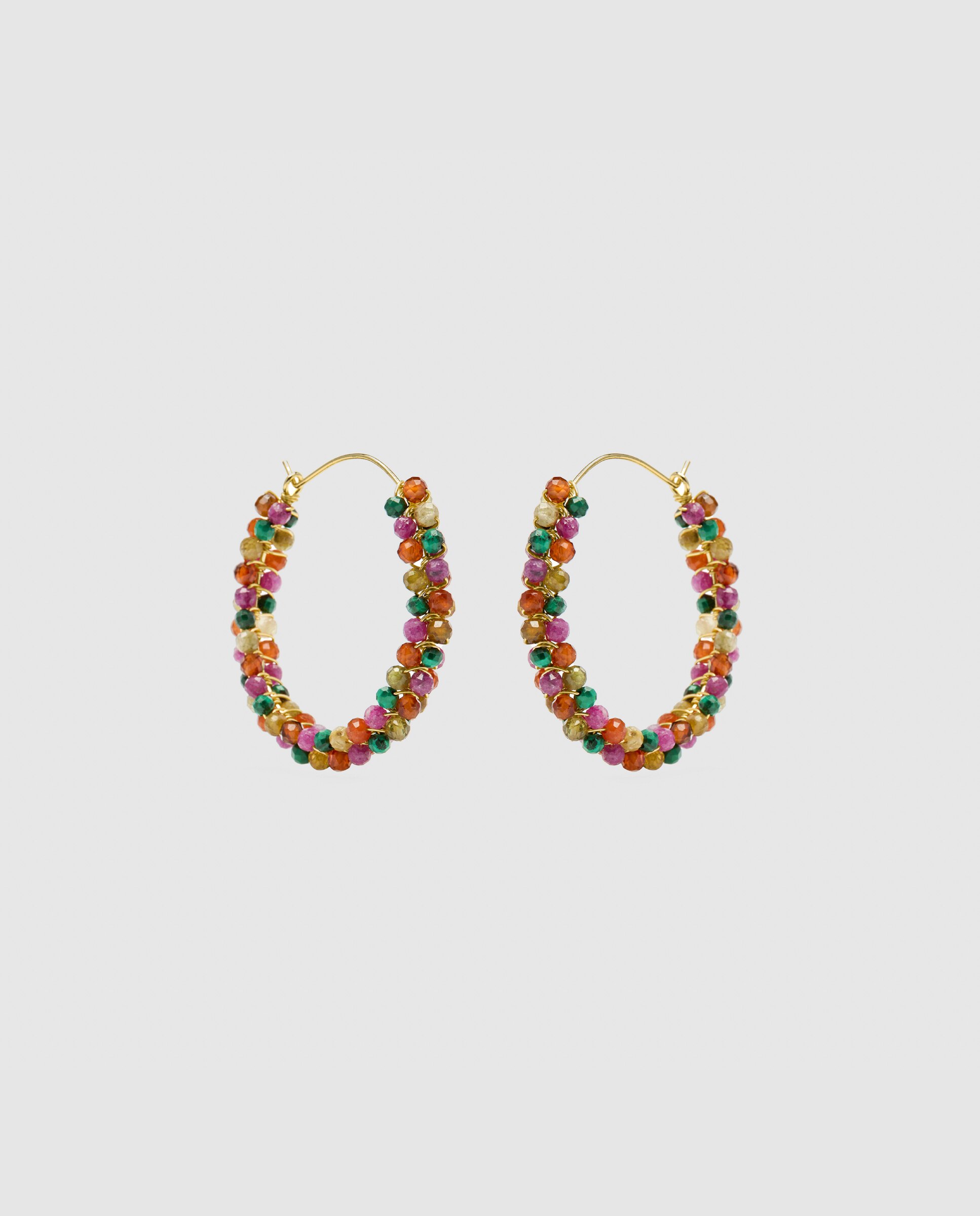 Brincos de Argola Trendy de Prata de Lei 925 Acabados em Ouro Amarelo de 18 Quilates com Turmalina Multicolor Ouro-3