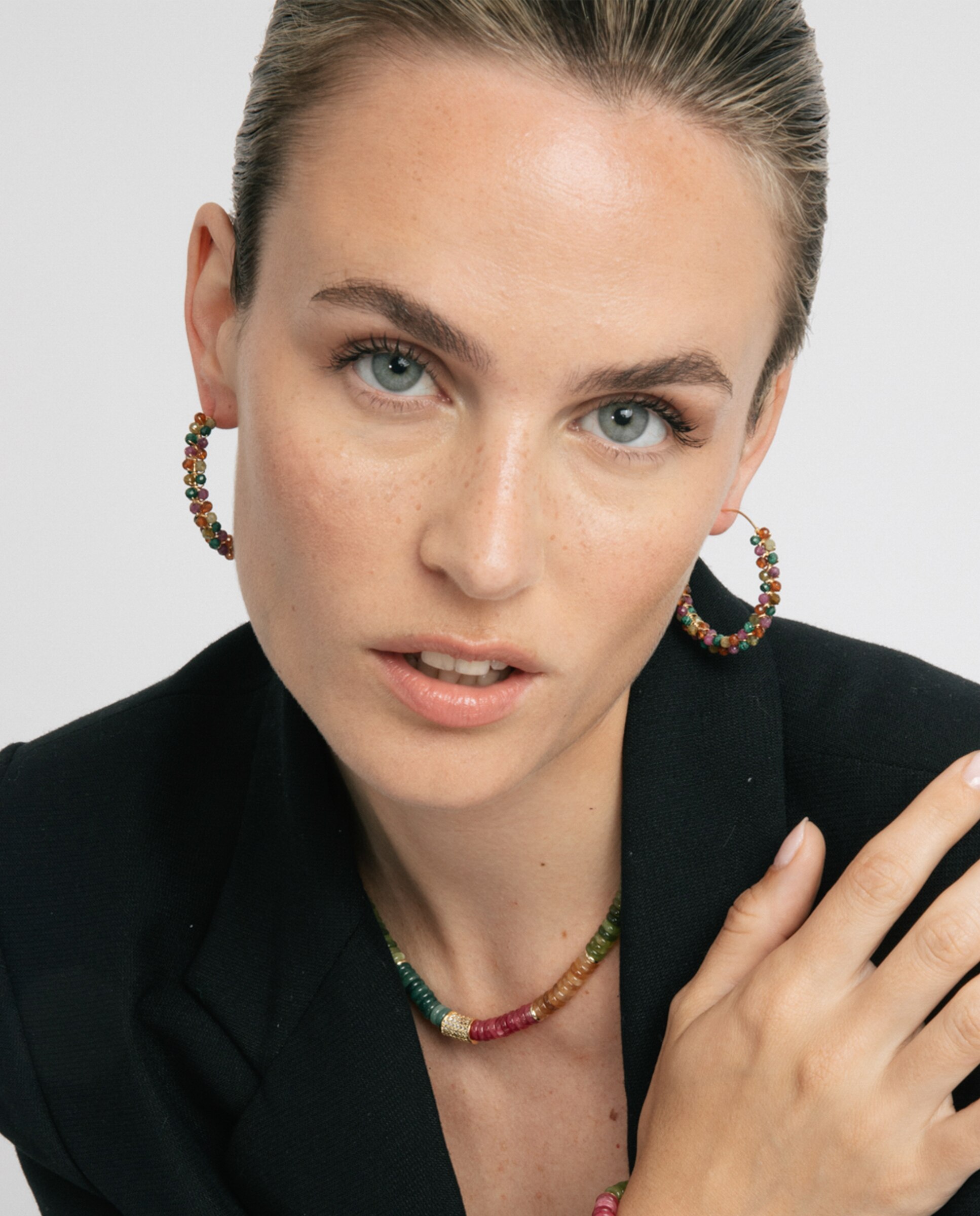 Brincos de Argola Trendy de Prata de Lei 925 Acabados em Ouro Amarelo de 18 Quilates com Turmalina Multicolor Ouro-5