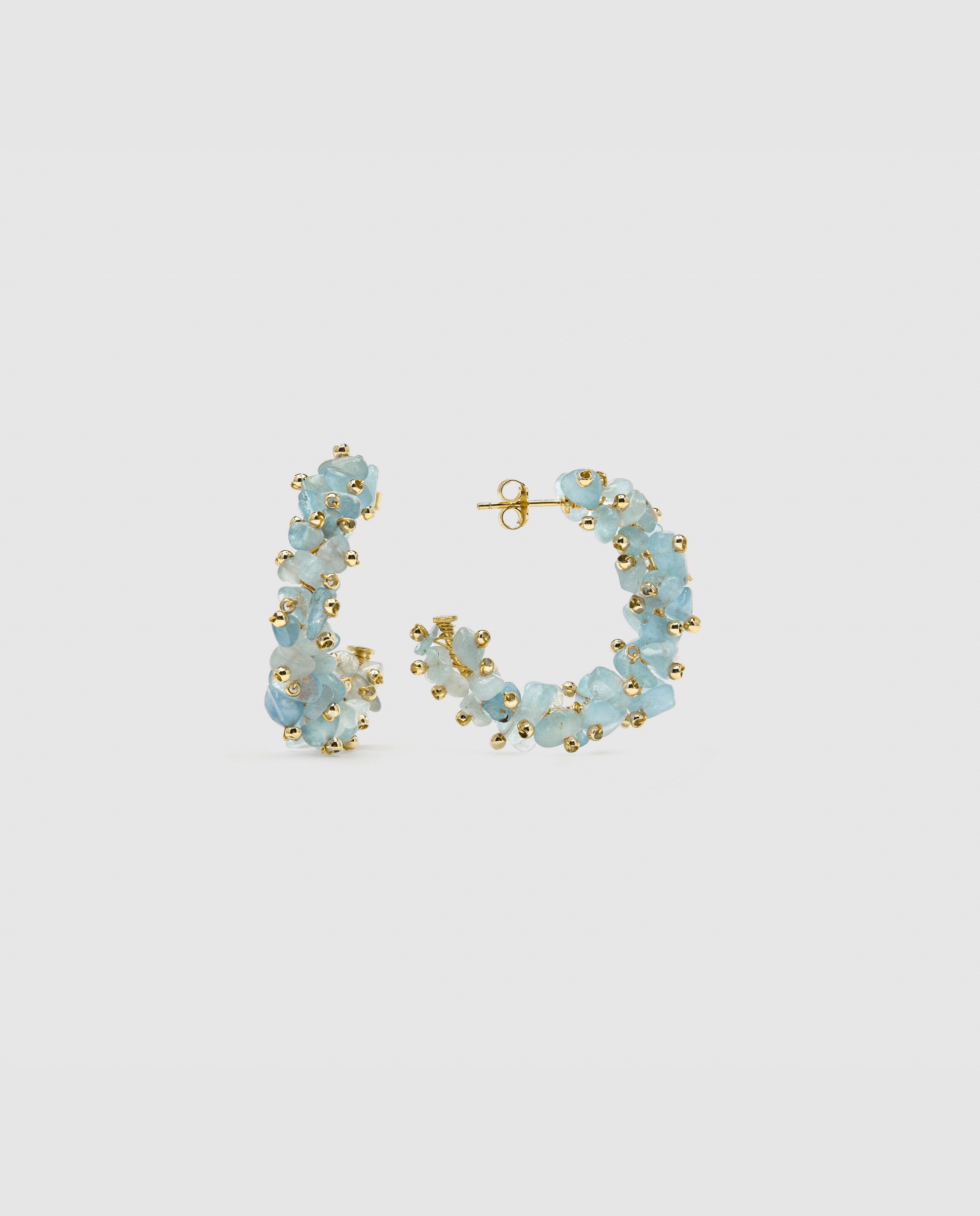 Brincos de Argola Trendy de Prata de Lei 925 com Acabamento em Ouro Amarelo de 18 Quilates e Jade Azul Azul-1