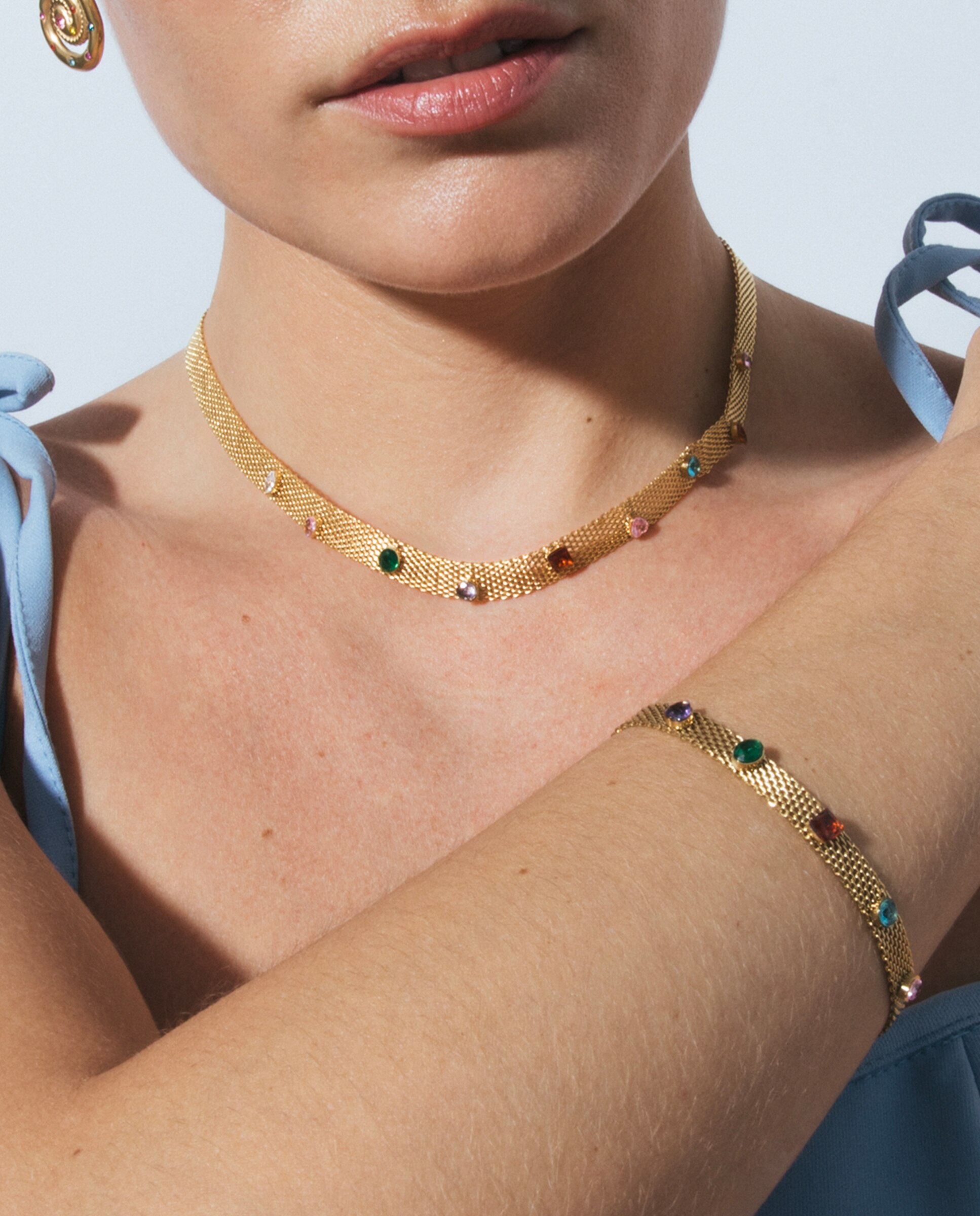 Pulseira de Corrente Boho de Aço Acabada em Ouro Amarelo de 18 Quilates com Zirconita Multicolor Ouro-4
