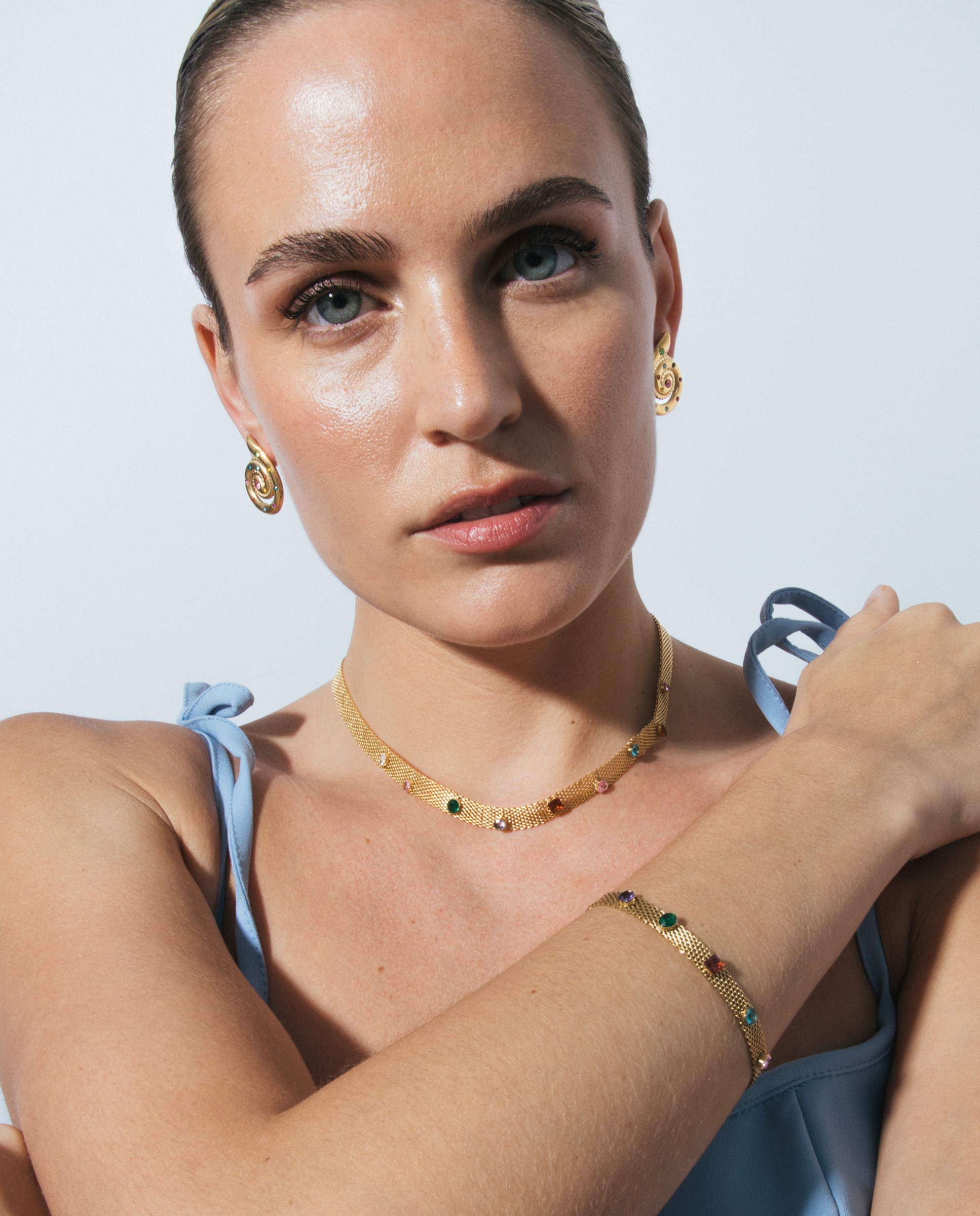 Pulseira de Corrente Boho de Aço Acabada em Ouro Amarelo de 18 Quilates com Zirconita Multicolor Ouro-5